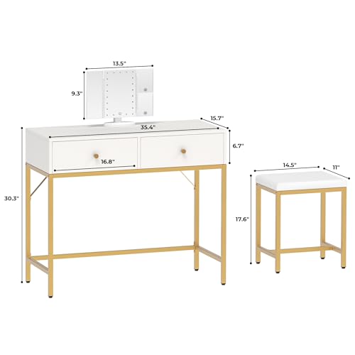 Makeup Vanity Desk with Lighted Mirror - White and Gold