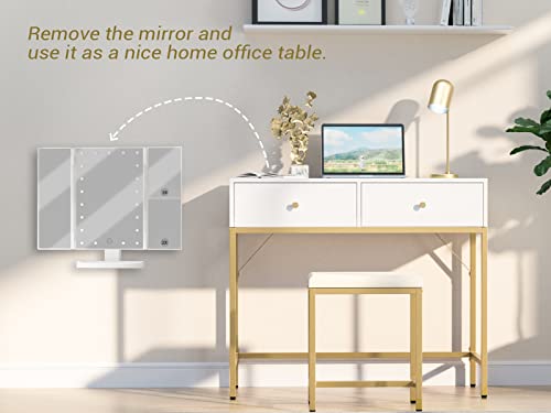 Makeup Vanity Desk with Lighted Mirror - White and Gold