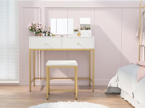 Makeup Vanity Desk with Lighted Mirror - White and Gold
