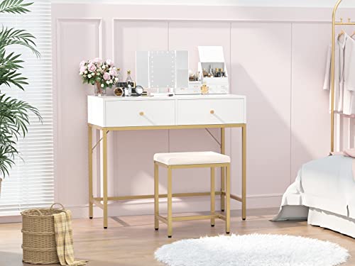 Makeup Vanity Desk with Lighted Mirror - White and Gold