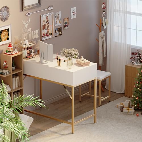 Makeup Vanity Desk with Lighted Mirror - White and Gold
