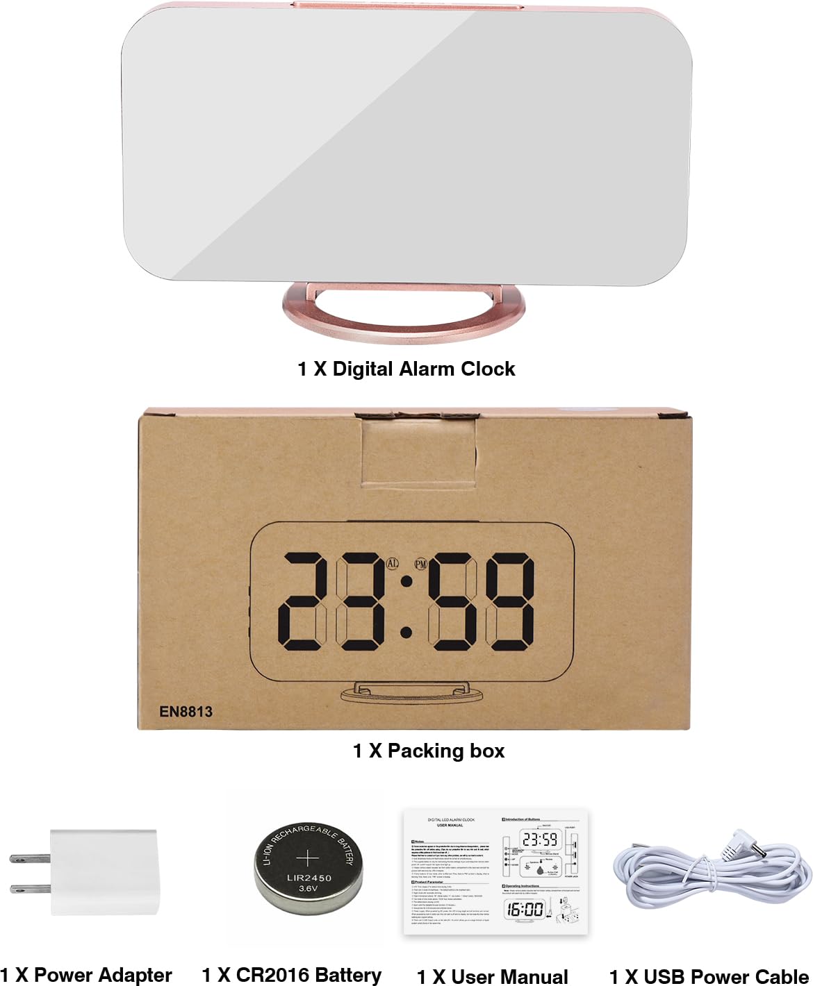 Mirrored LED Digital Alarm Clock with USB Ports