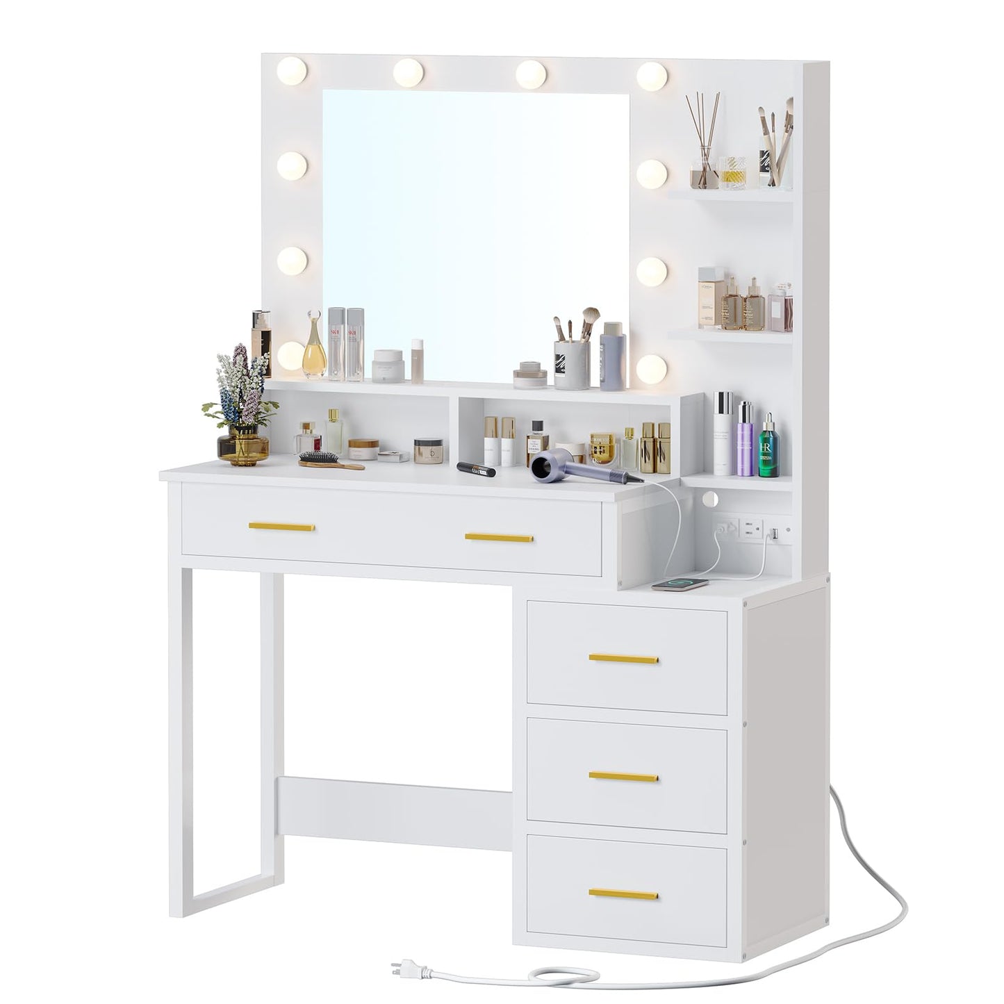 Makeup Vanity with Lights and Charging Station - White