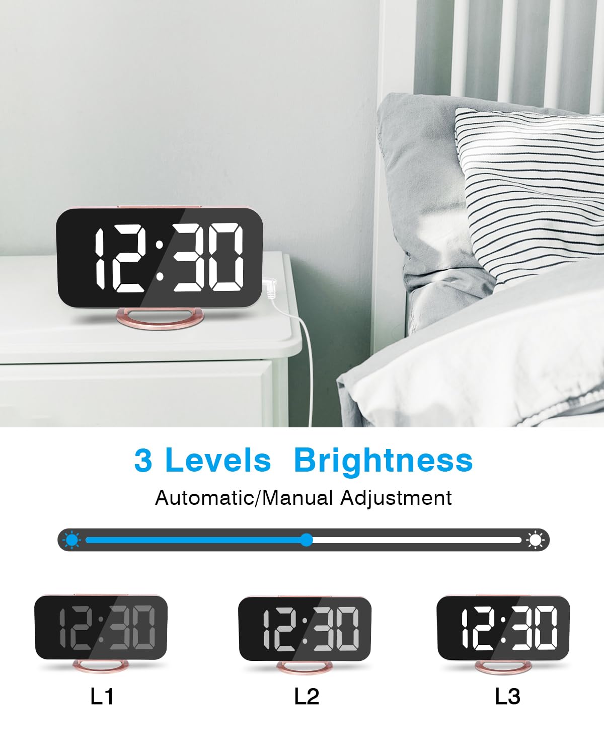 Mirrored LED Digital Alarm Clock with USB Ports