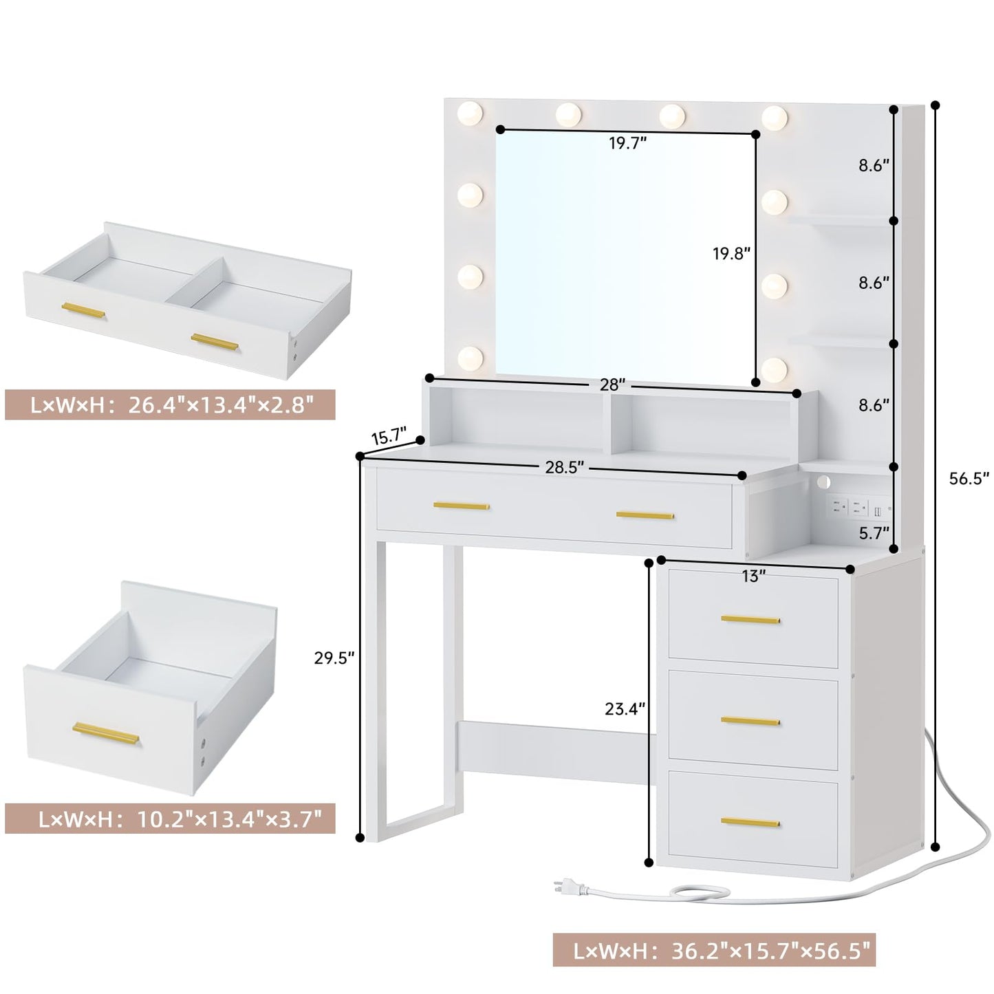 Makeup Vanity with Lights and Charging Station - White