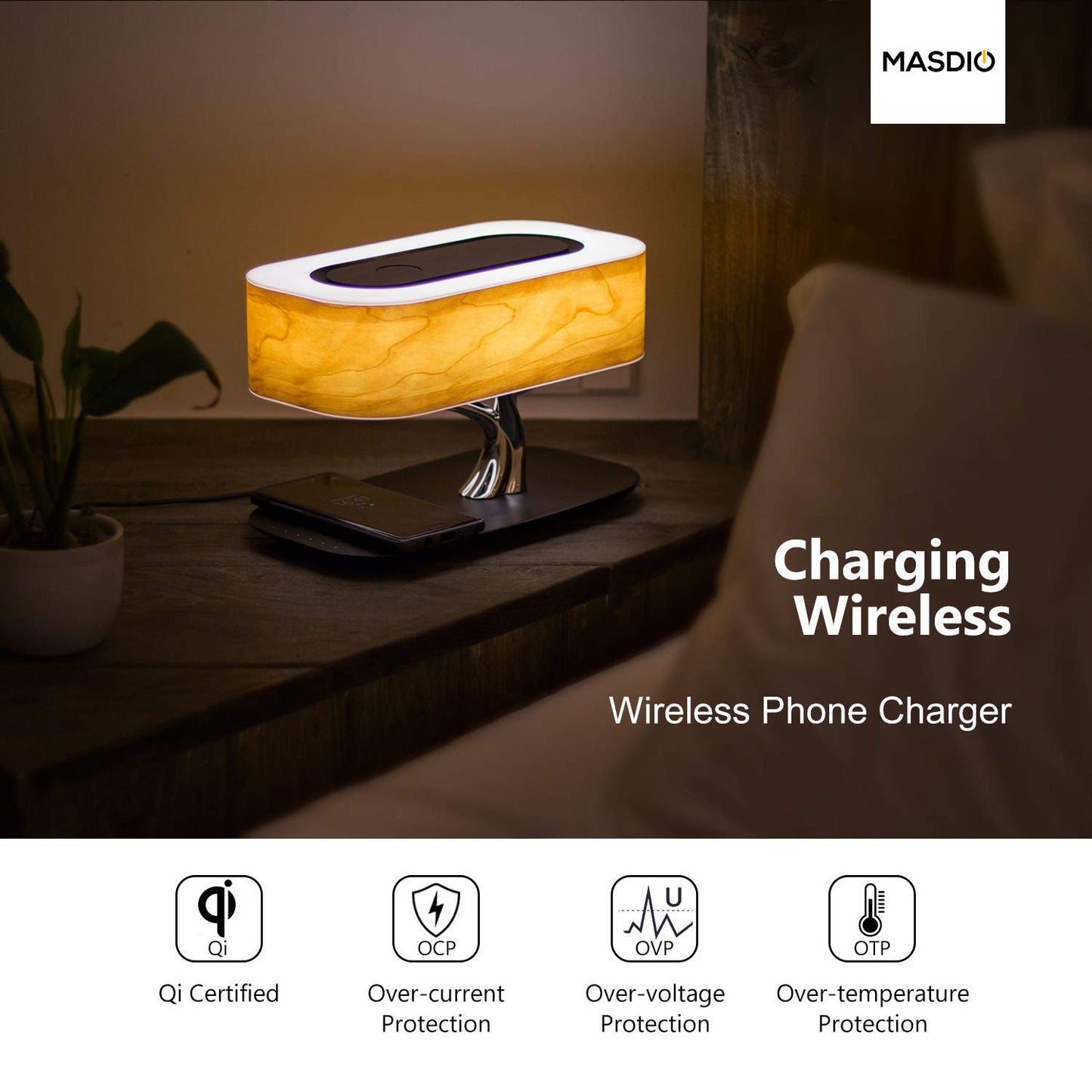 Bedside Lamp with Bluetooth Speaker and Wireless Charger