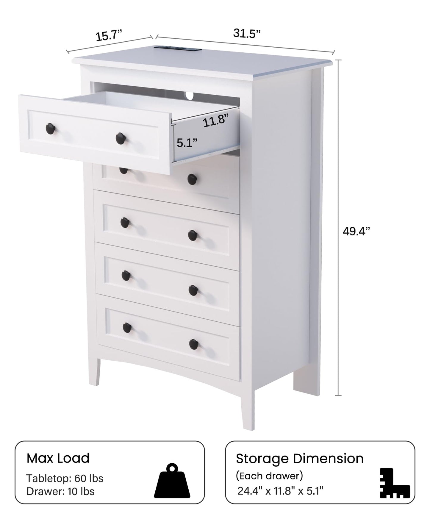 Five-Drawer Dresser with Built-In Power Station