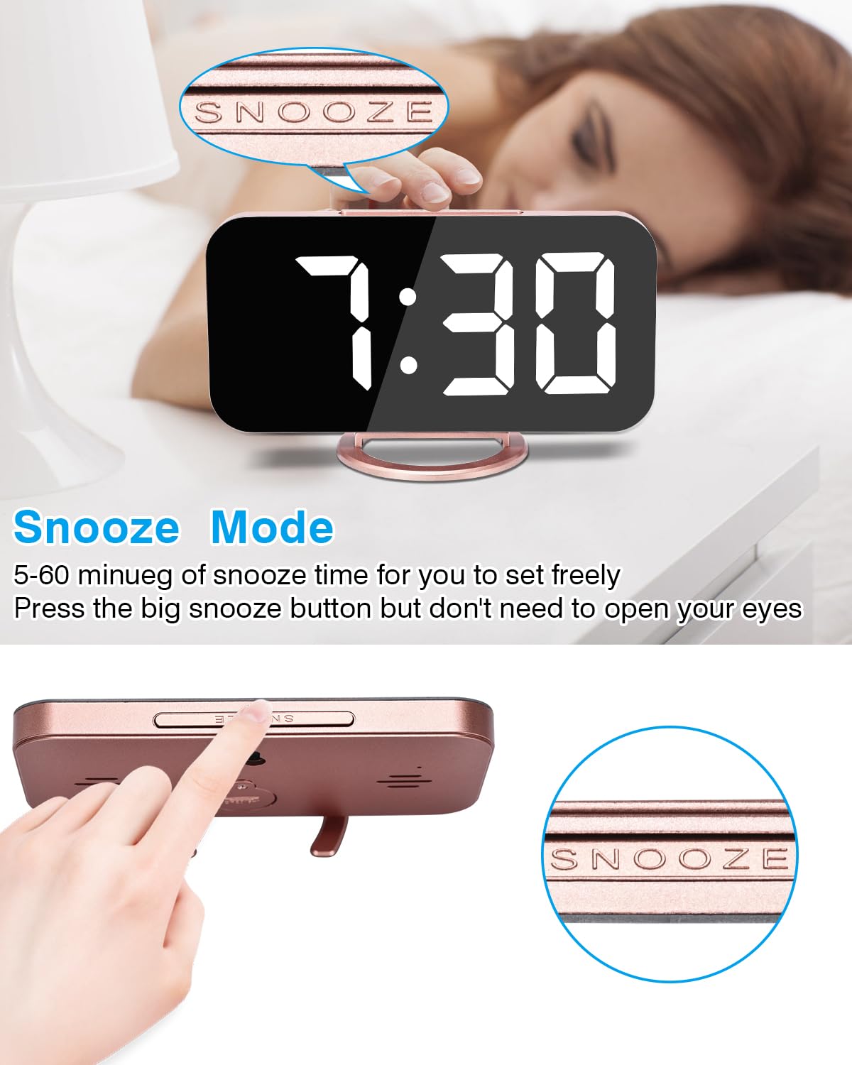 Mirrored LED Digital Alarm Clock with USB Ports