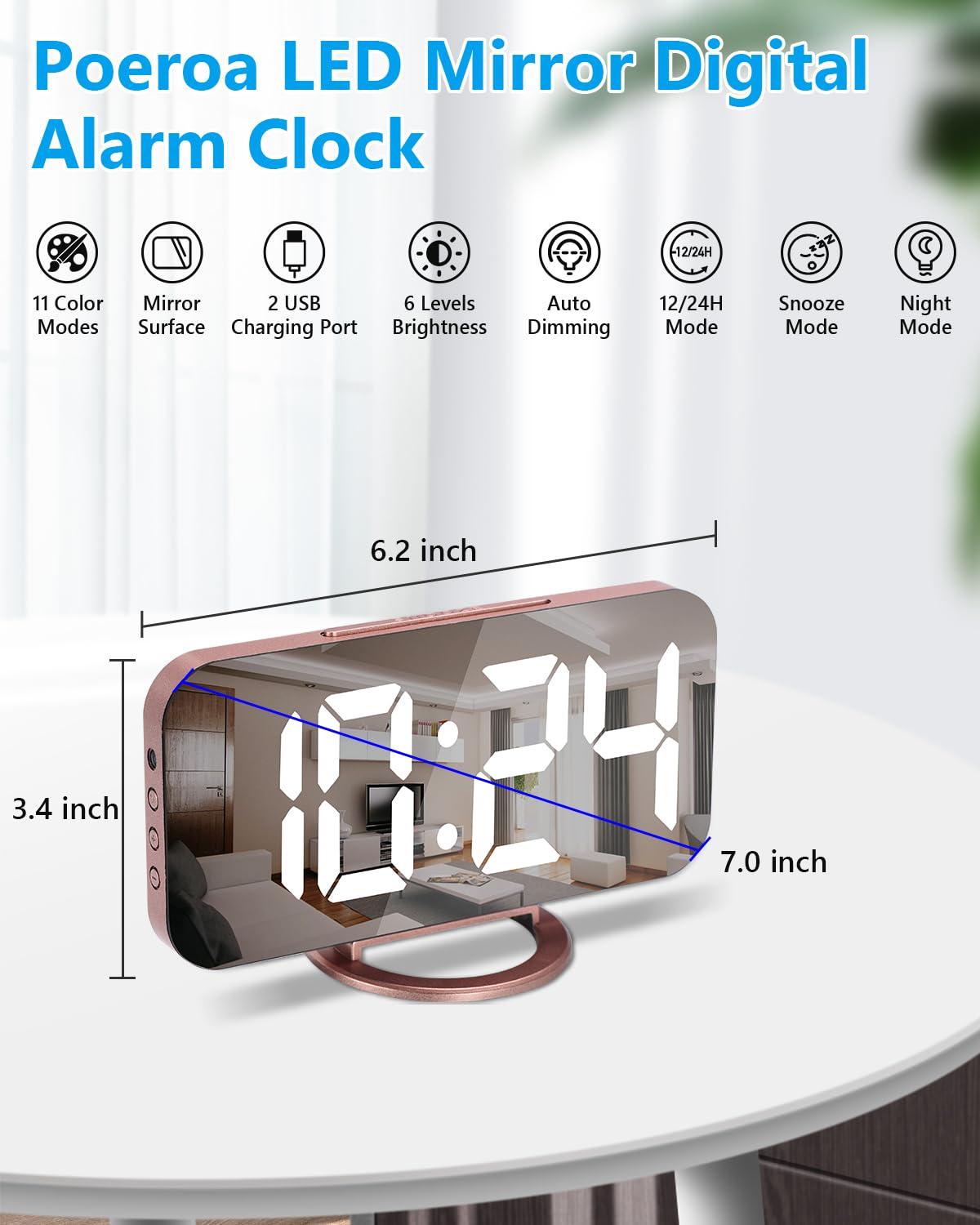 Mirrored LED Digital Alarm Clock with USB Ports