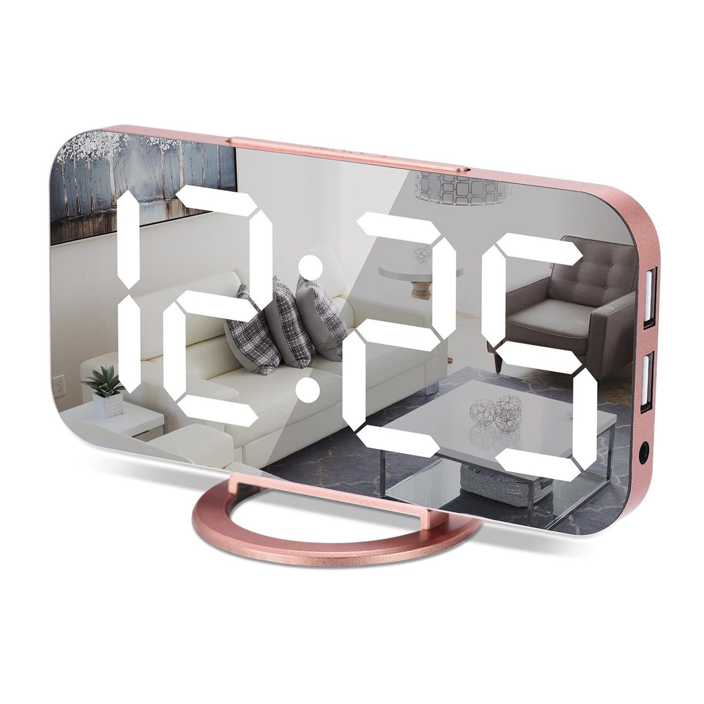 Mirrored LED Digital Alarm Clock with USB Ports