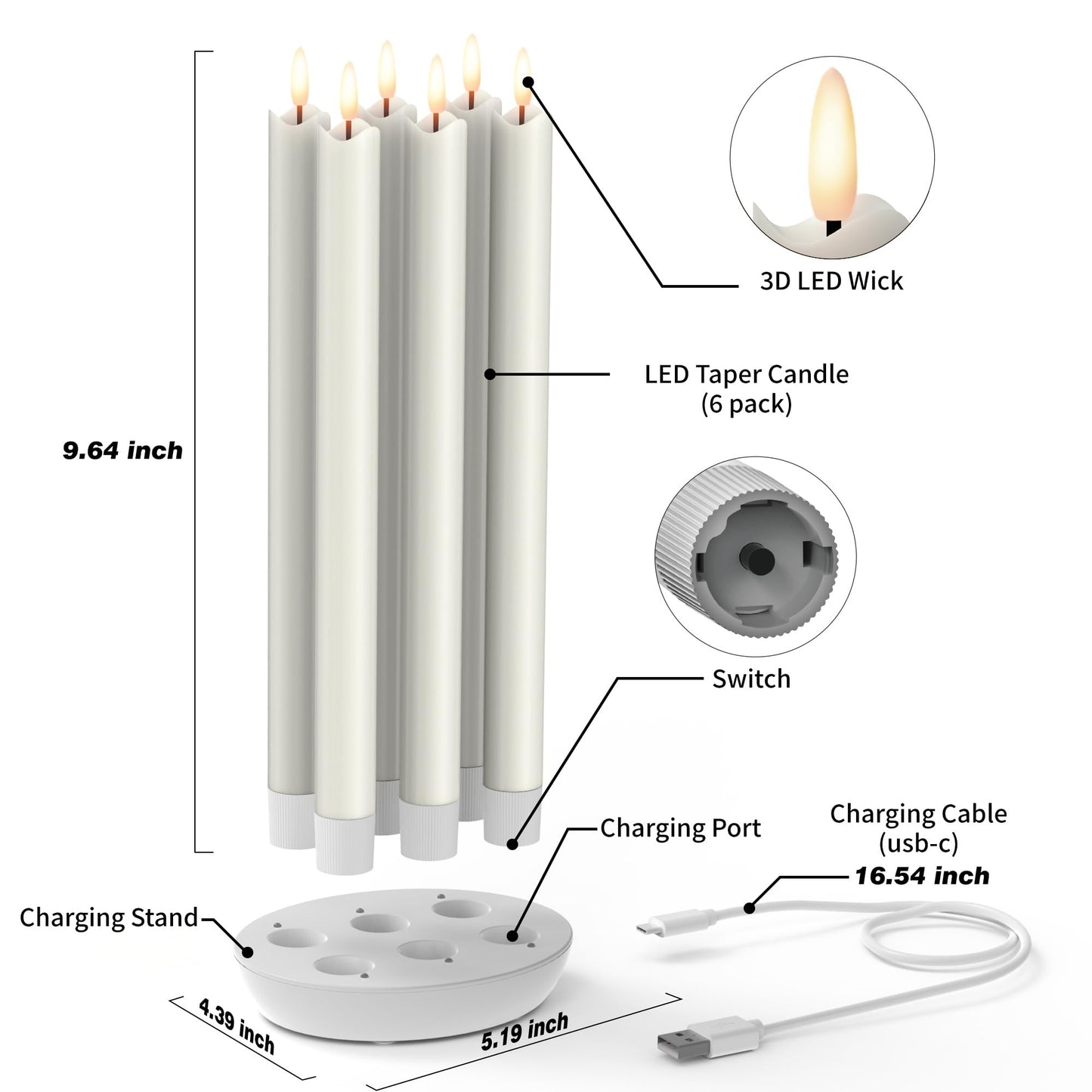 Patiphan Rechargeable Flameless Taper Candles with Charging Station