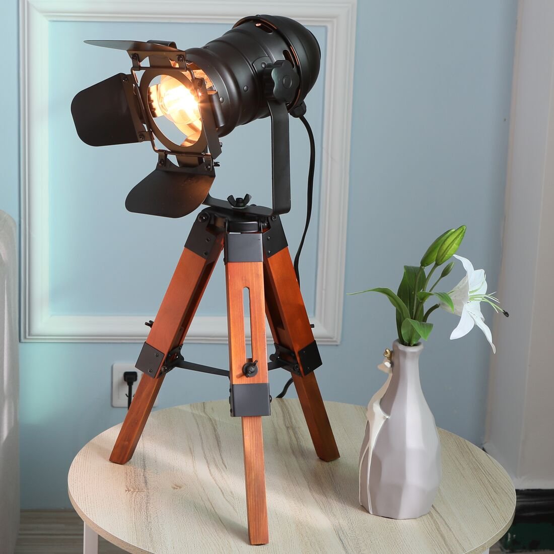 Industrial Tripod Wood Table Lamp