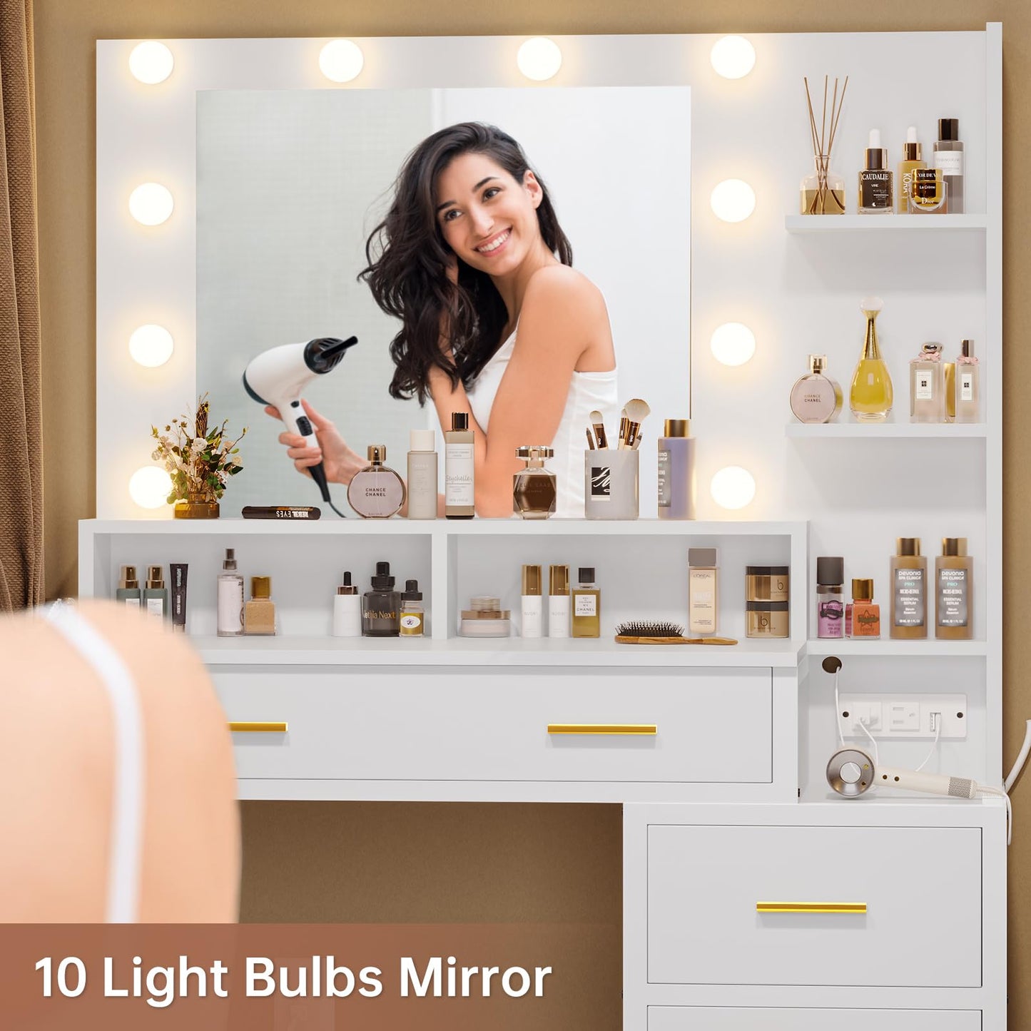 Makeup Vanity with Lights and Charging Station - White
