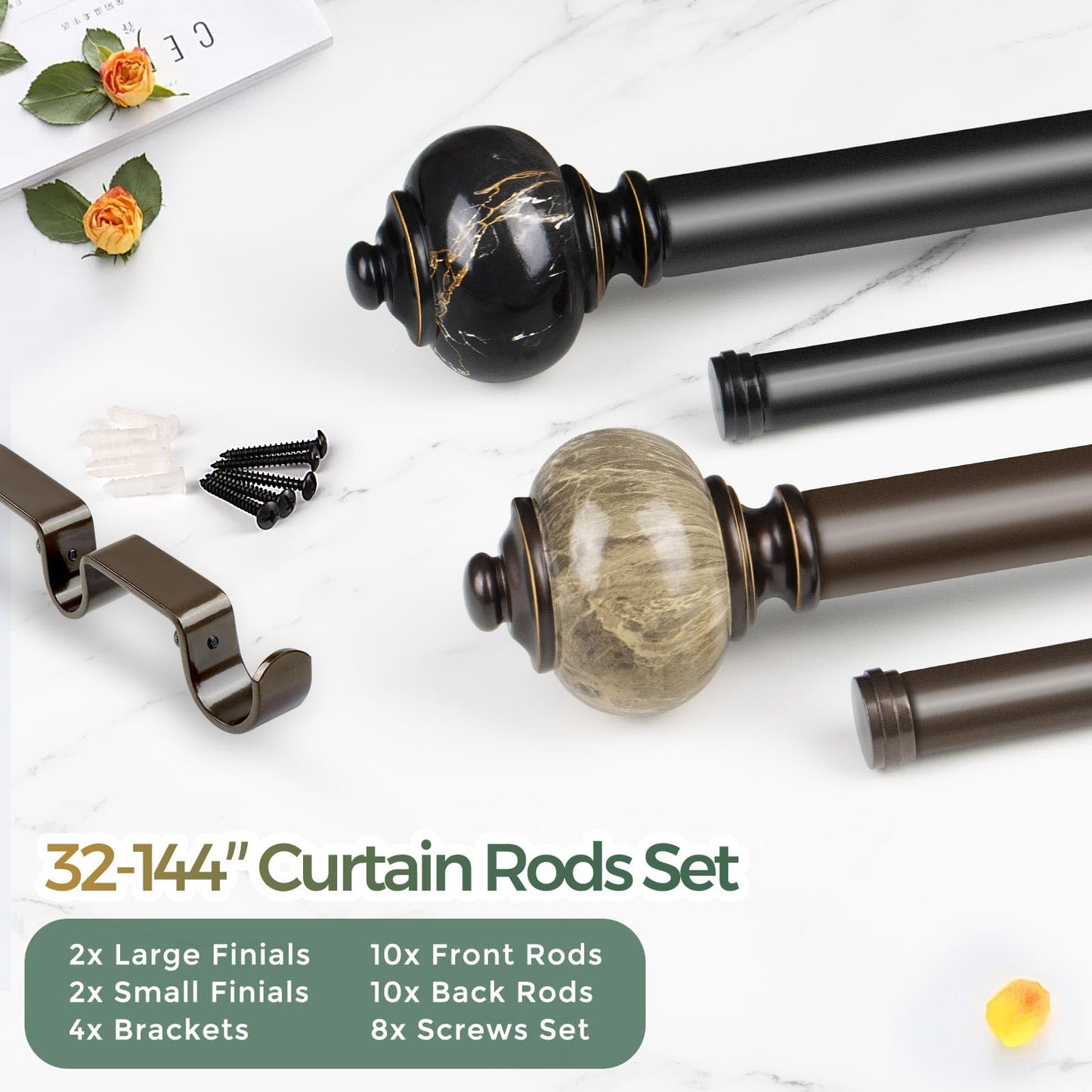 Bronze Curtain Rods with Marbled Finials - Adjustable Length