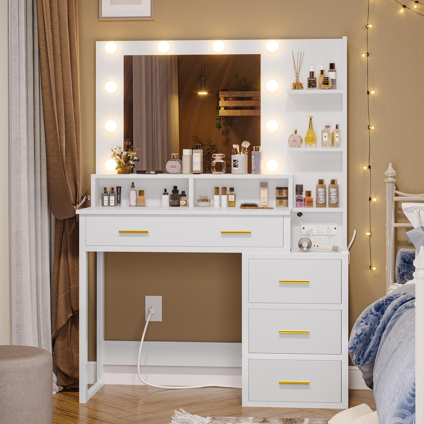 Makeup Vanity with Lights and Charging Station - White