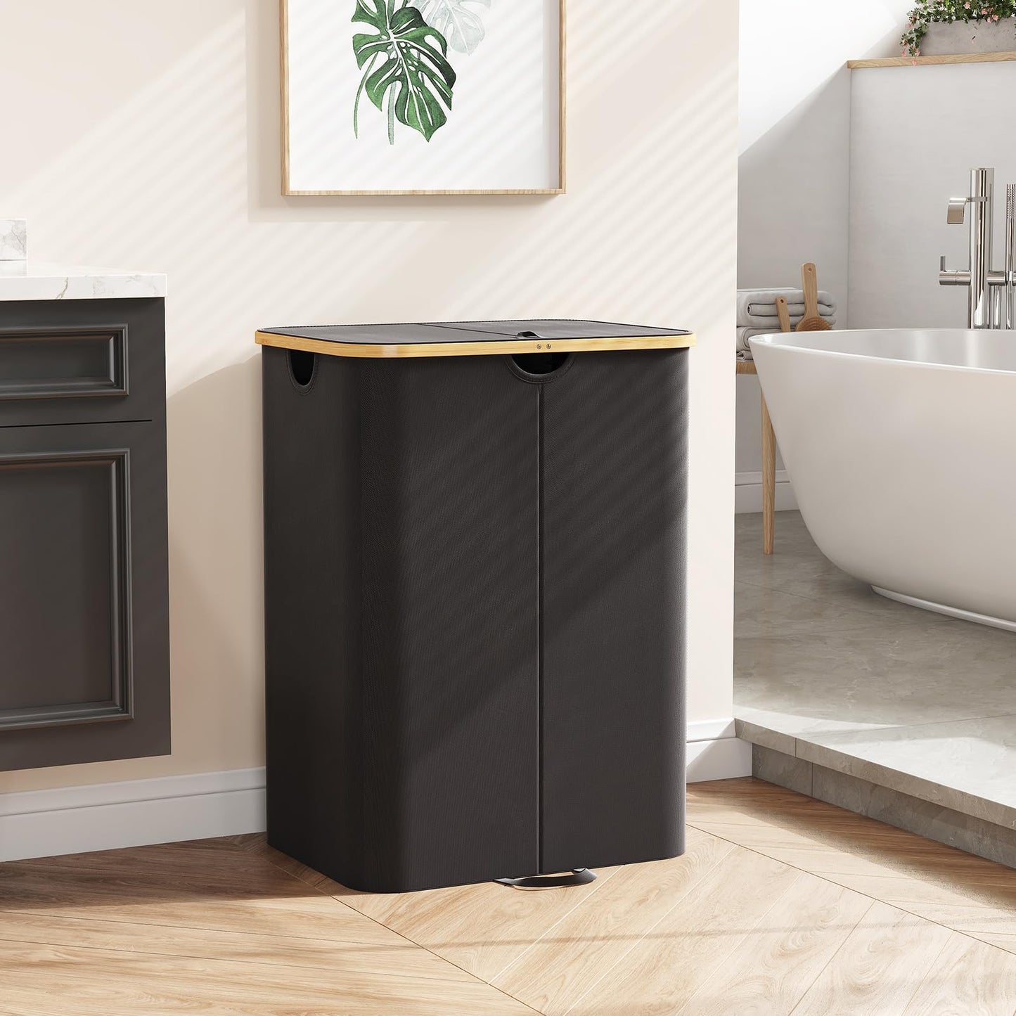 Double Laundry Hamper with Bamboo Handles