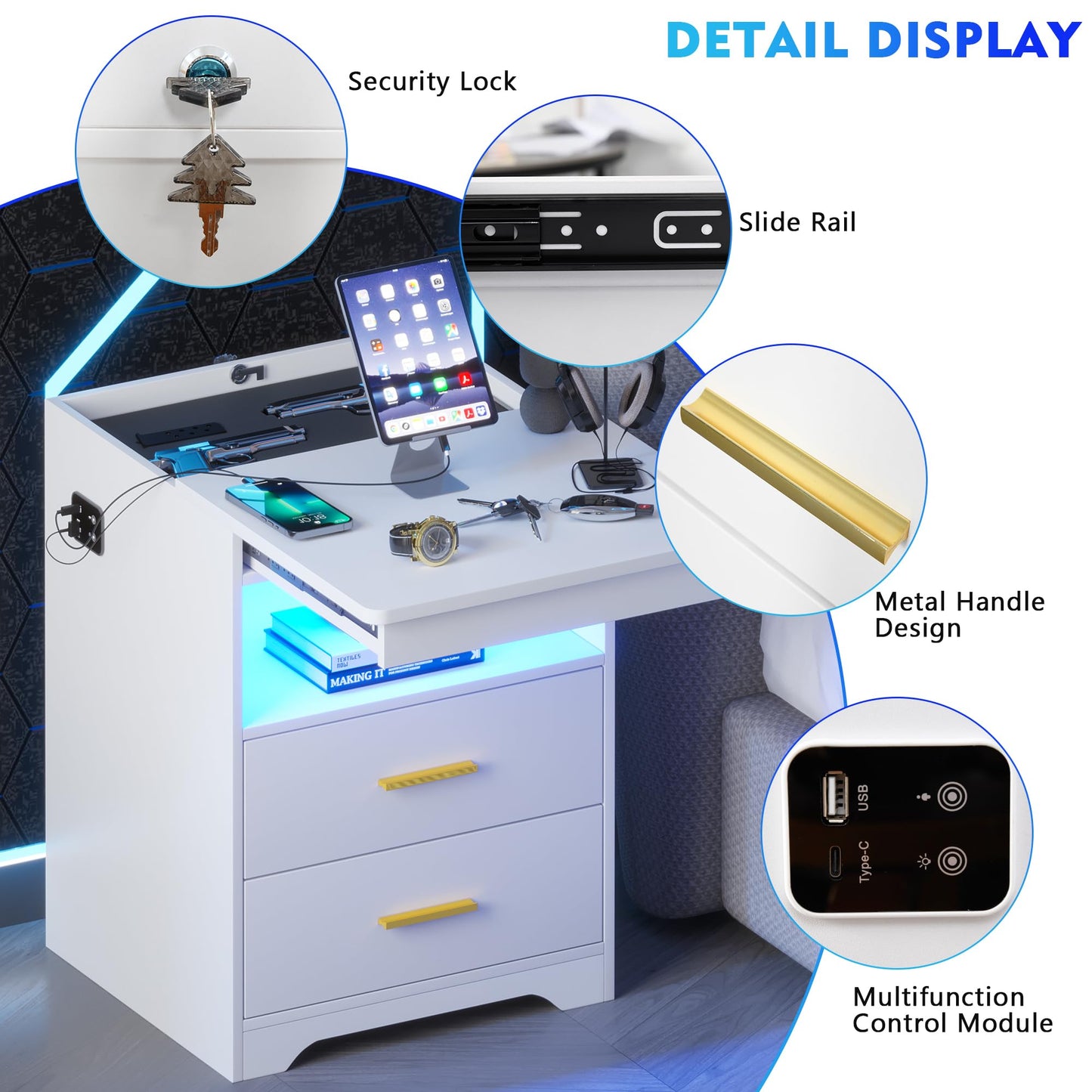 Nightstand with Charging Station and LED Lights - Set of 2