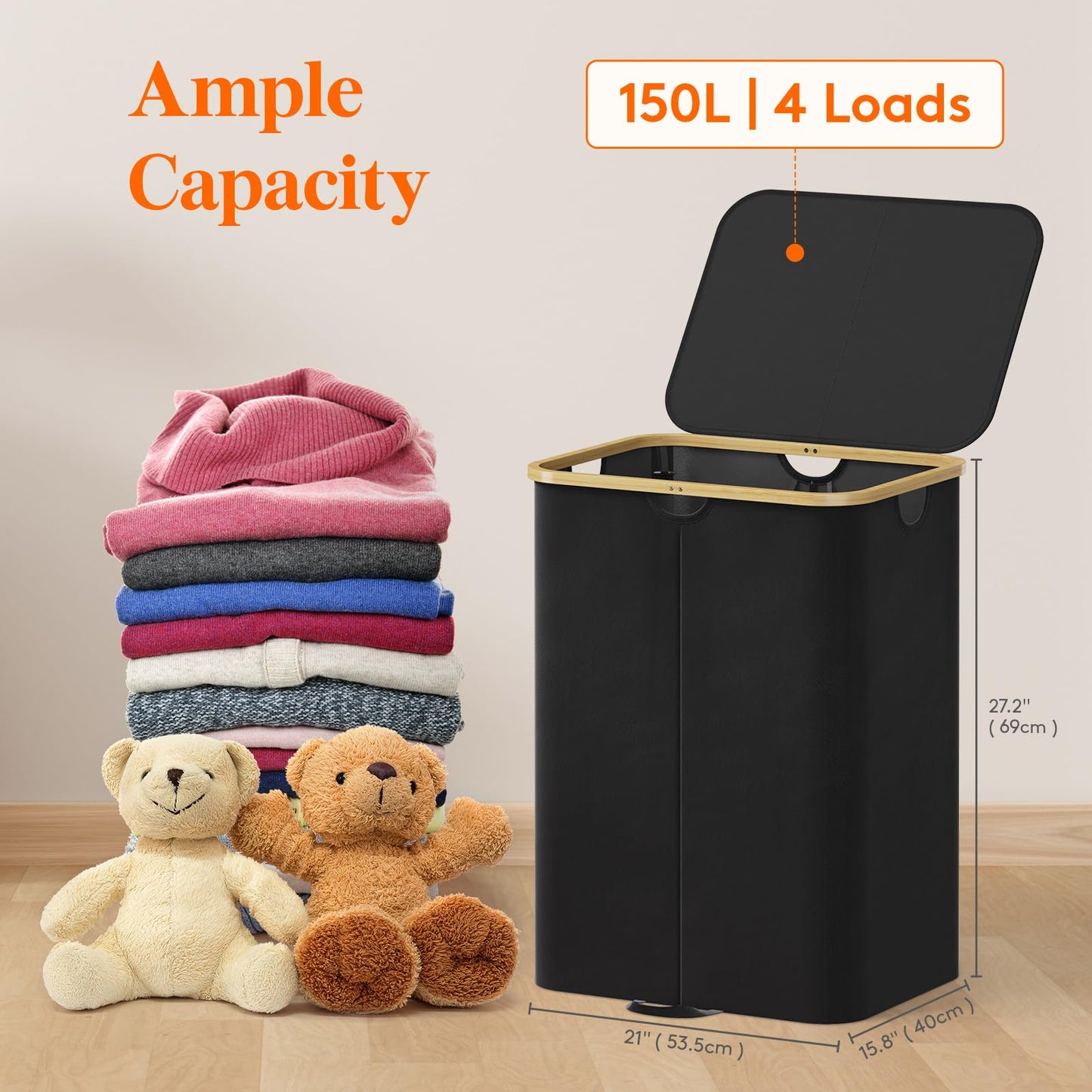 Double Laundry Hamper with Bamboo Handles