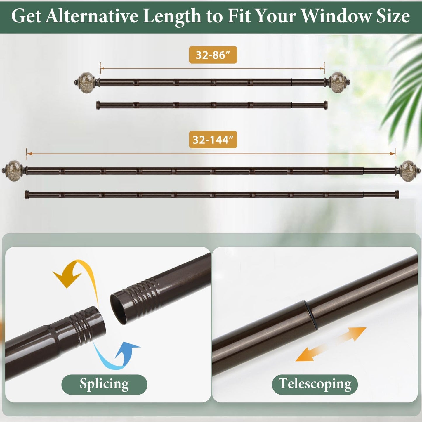 Bronze Curtain Rods with Marbled Finials - Adjustable Length