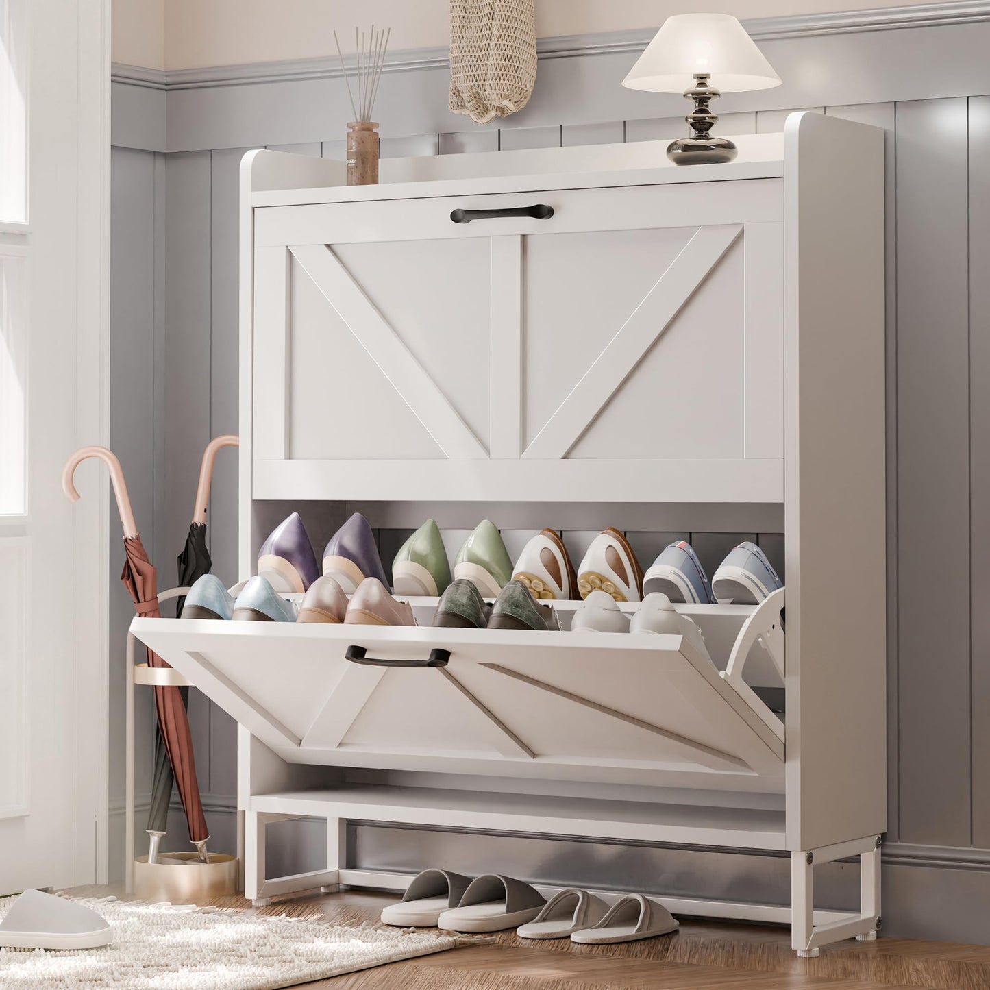 Modern Shoe Storage Cabinet with Flip Drawers