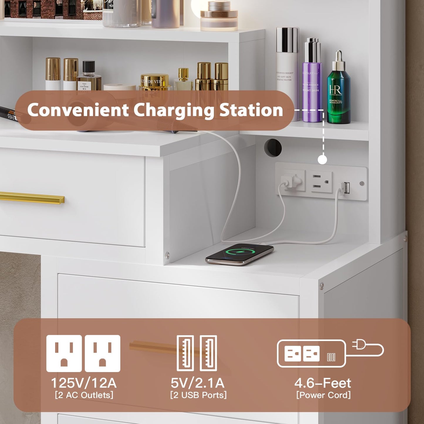 Makeup Vanity with Lights and Charging Station - White
