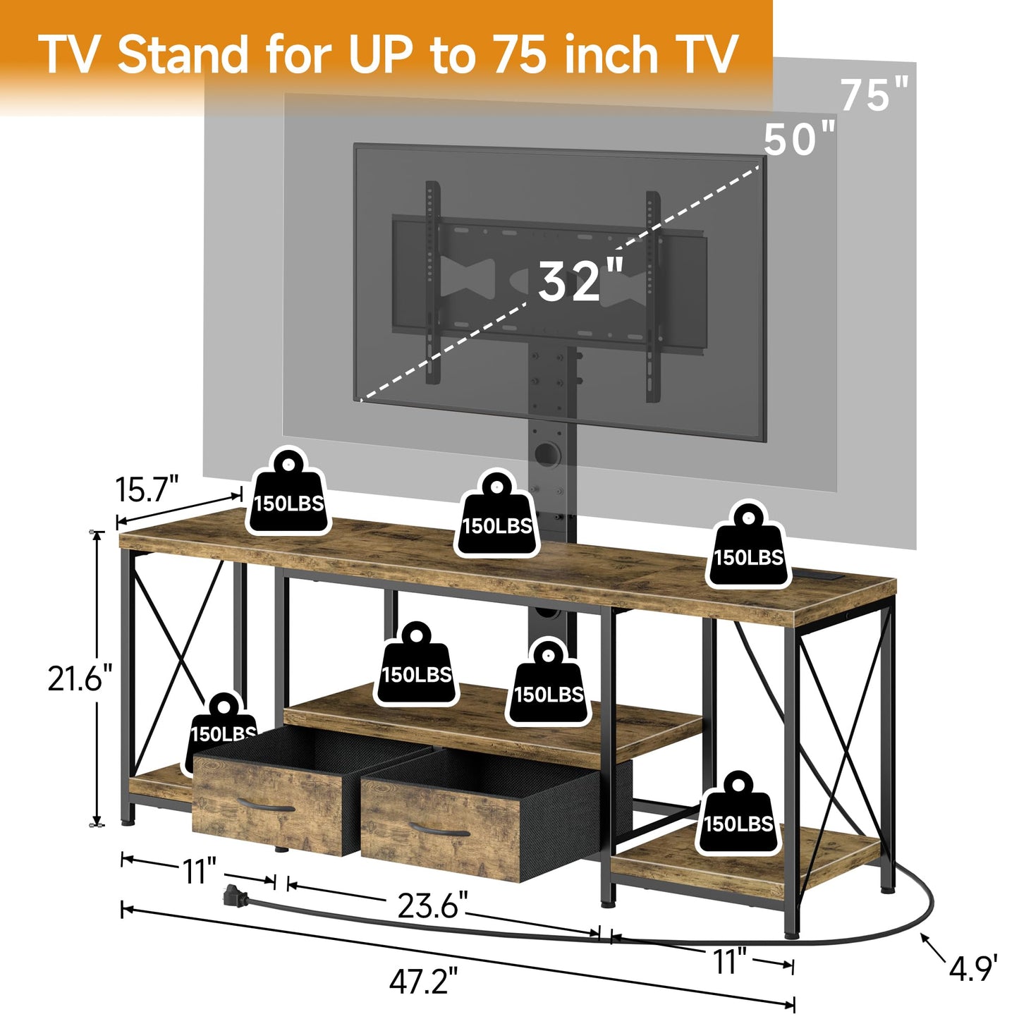 TV Stand with Mount and Fabric Drawers - 47"