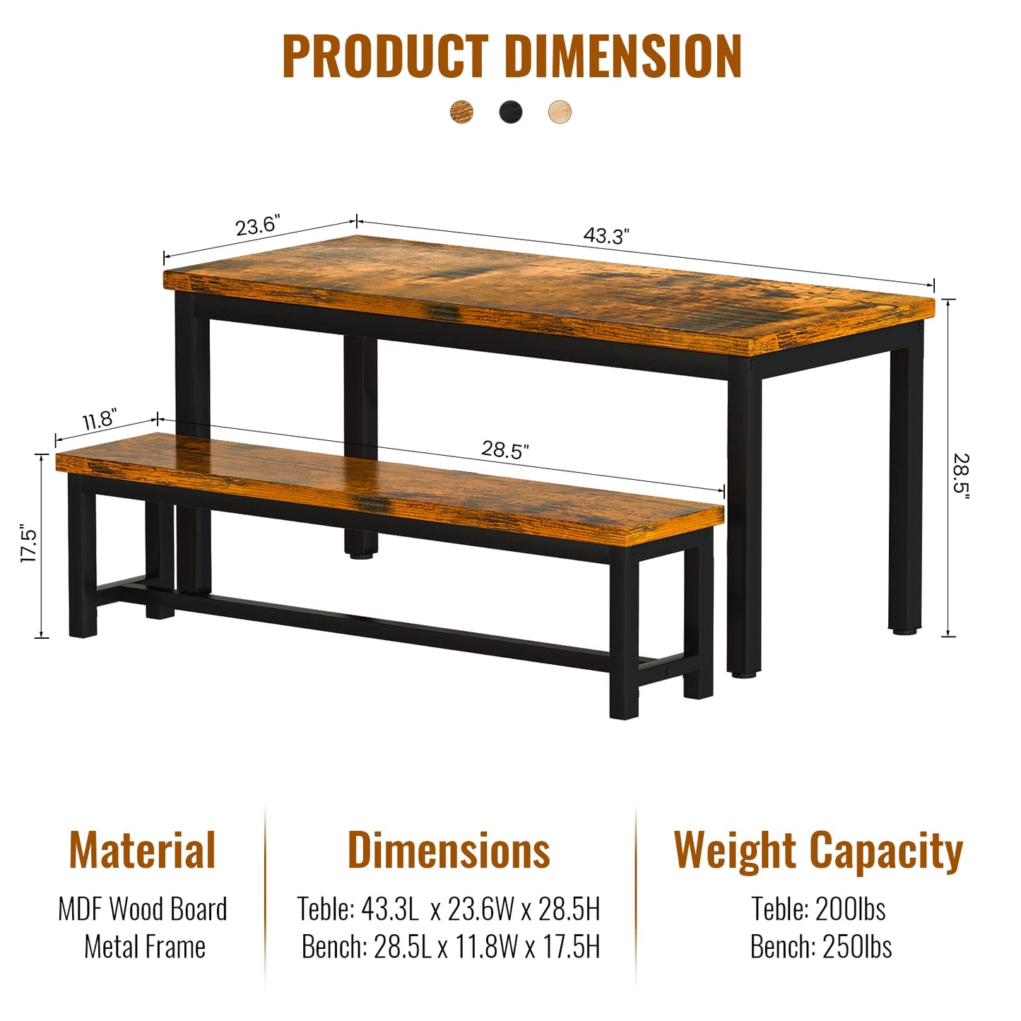 Industrial-Style Three-Piece Dining Set
