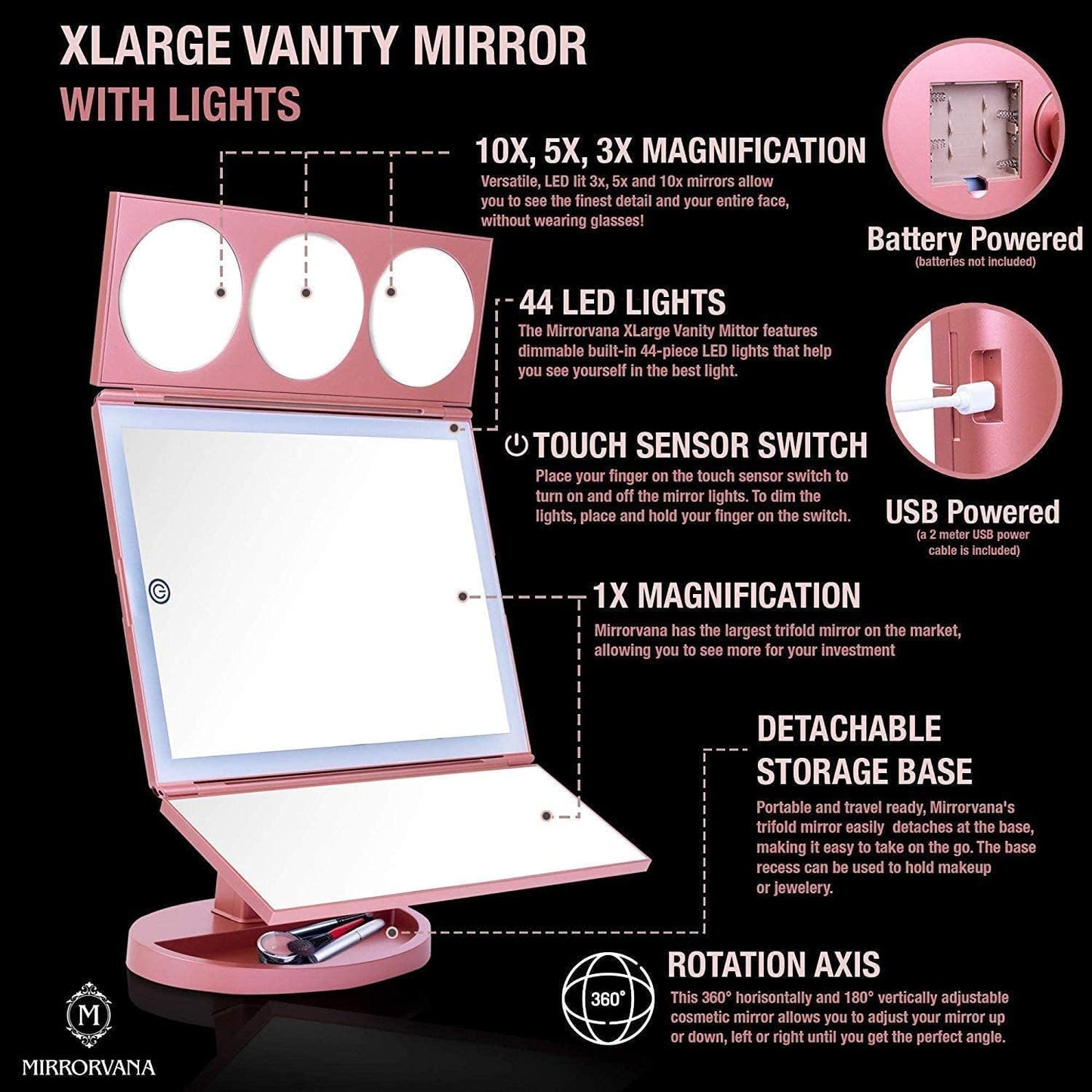 X-Large Vanity Makeup Mirror with LED Lights - Rose Gold