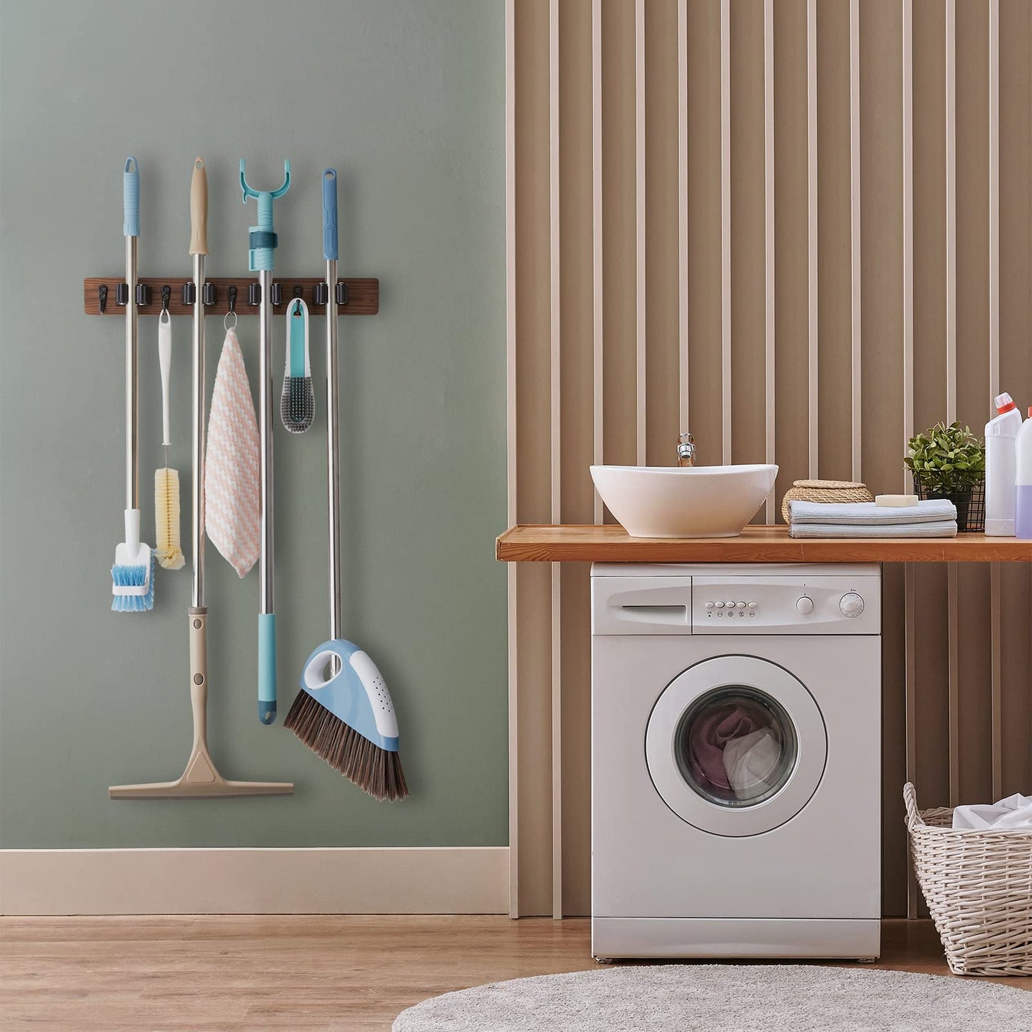 Rustic Wall-Mounted Broom and Mop Organizer