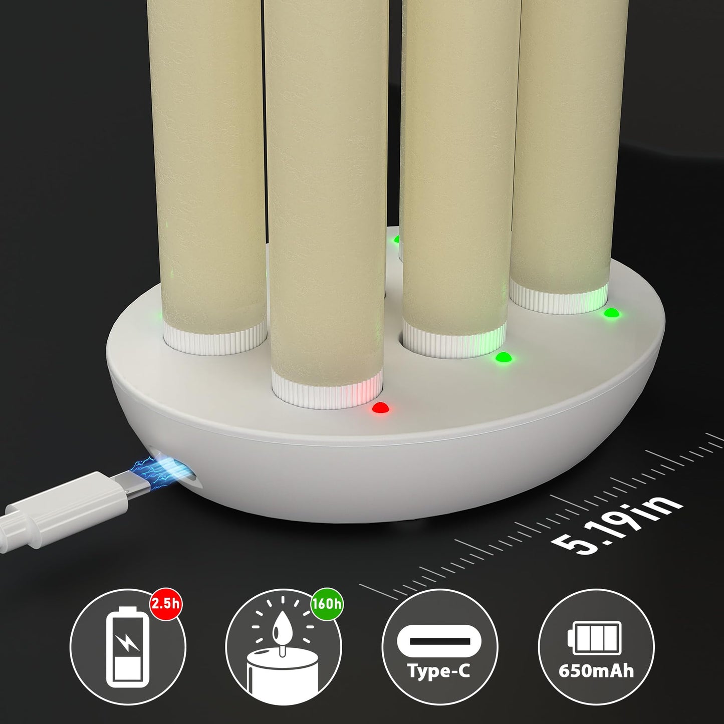 Patiphan Rechargeable Flameless Taper Candles with Charging Station