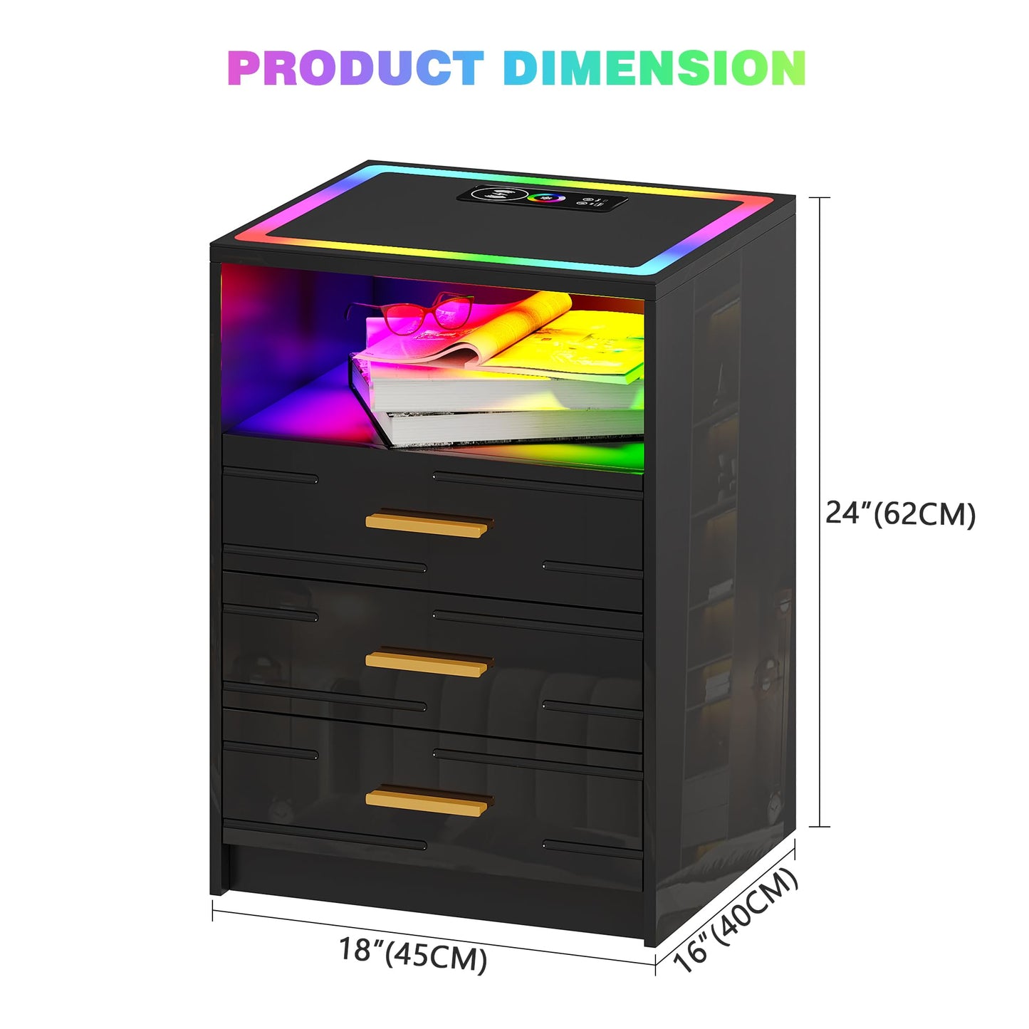 LED Nightstand with Wireless Charging and Drawers - Black