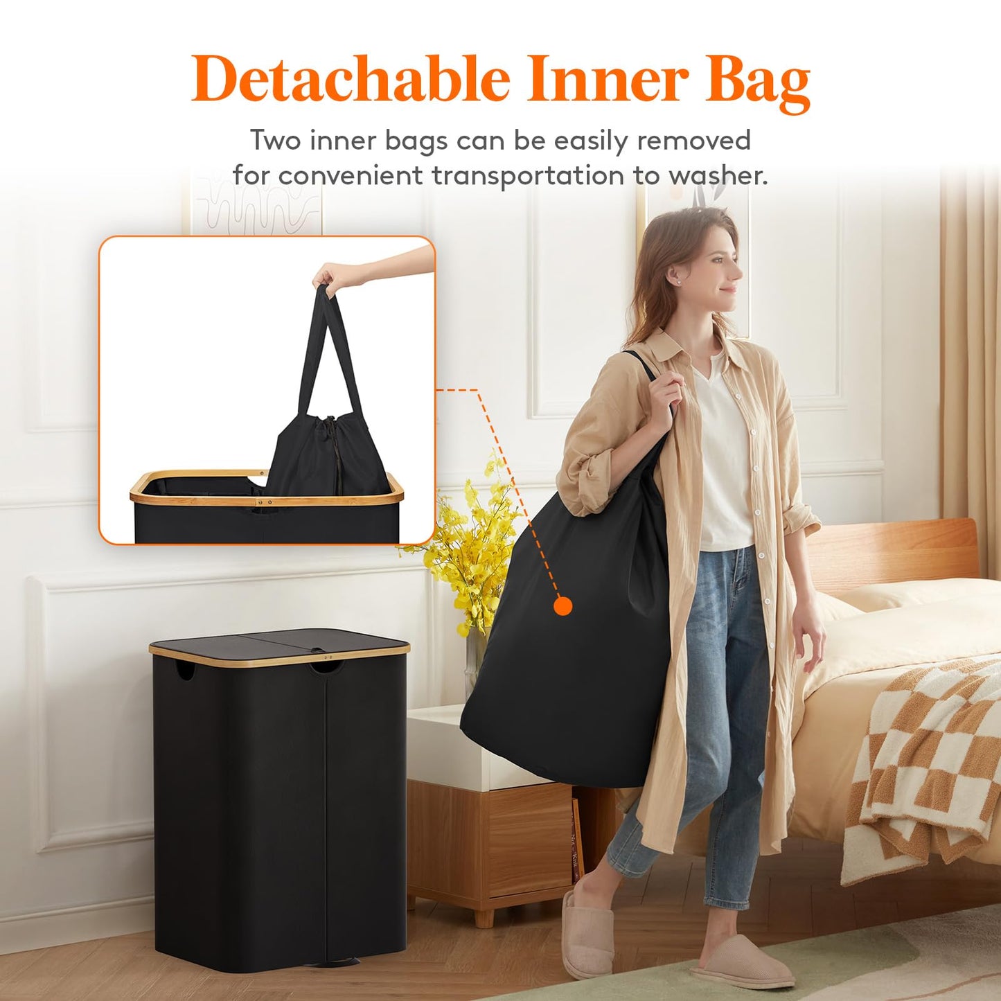 Double Laundry Hamper with Bamboo Handles