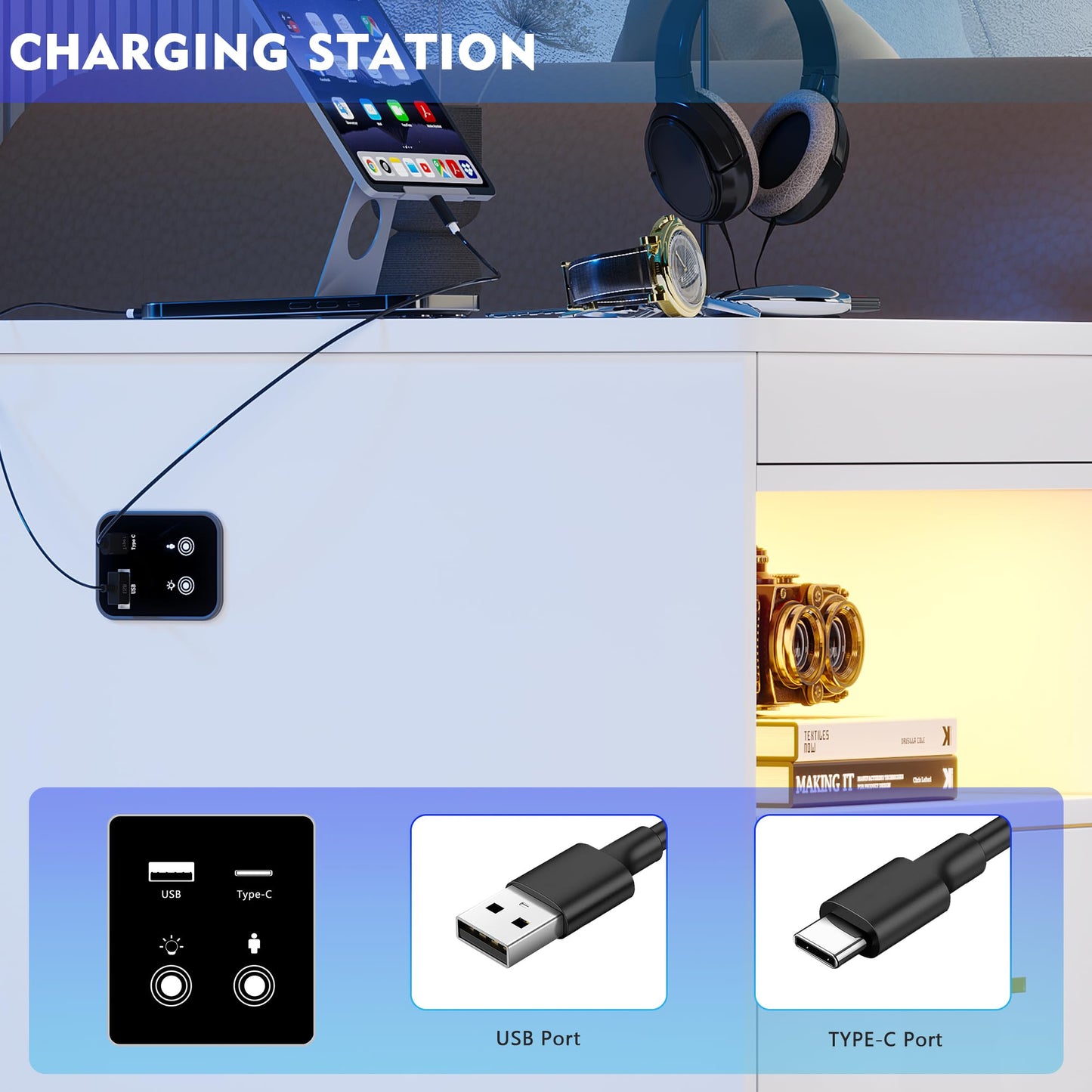 Nightstand with Charging Station and LED Lights - Set of 2