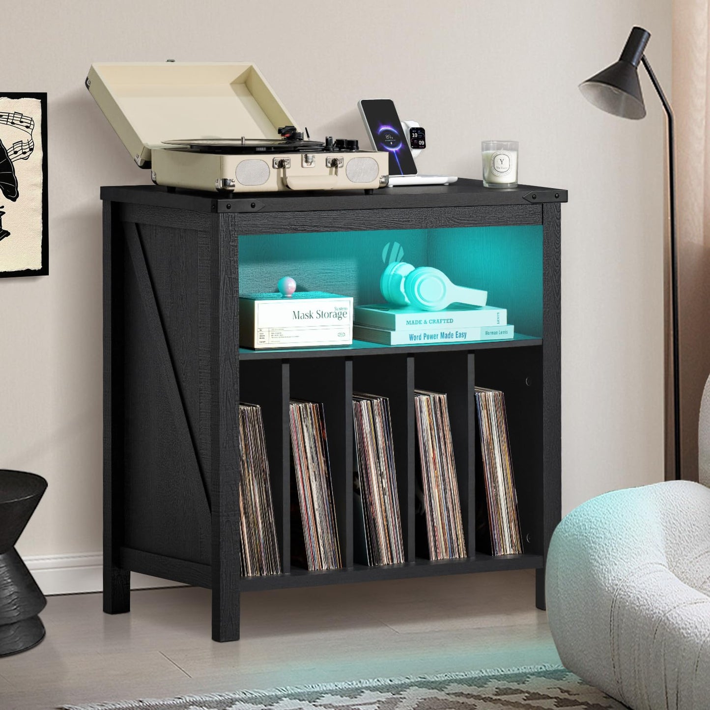 Record Player Stand with Charging Station