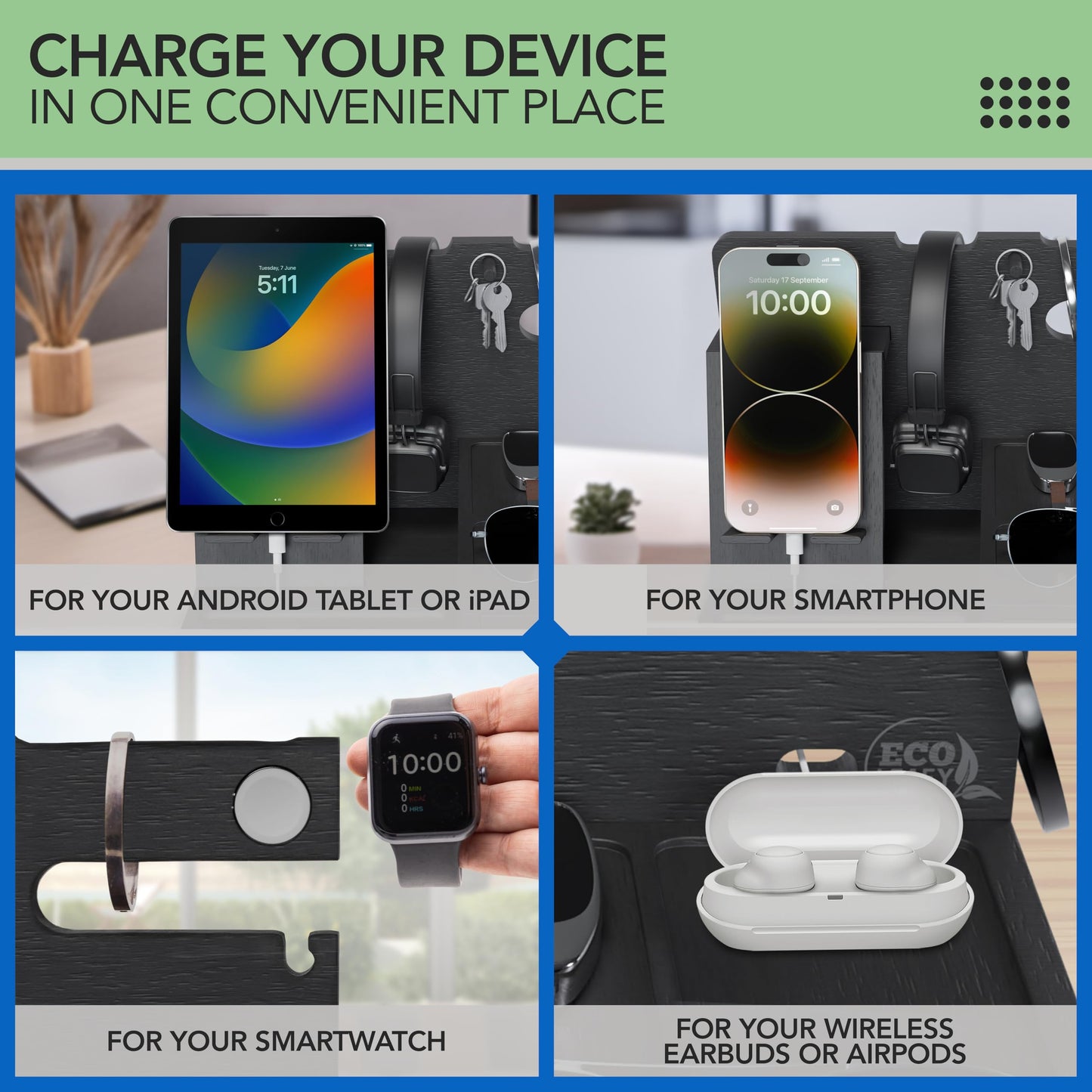 Wooden Nightstand Organizer and Charging Station