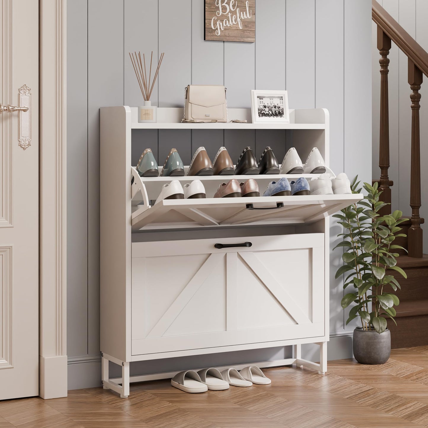 Modern Shoe Storage Cabinet with Flip Drawers