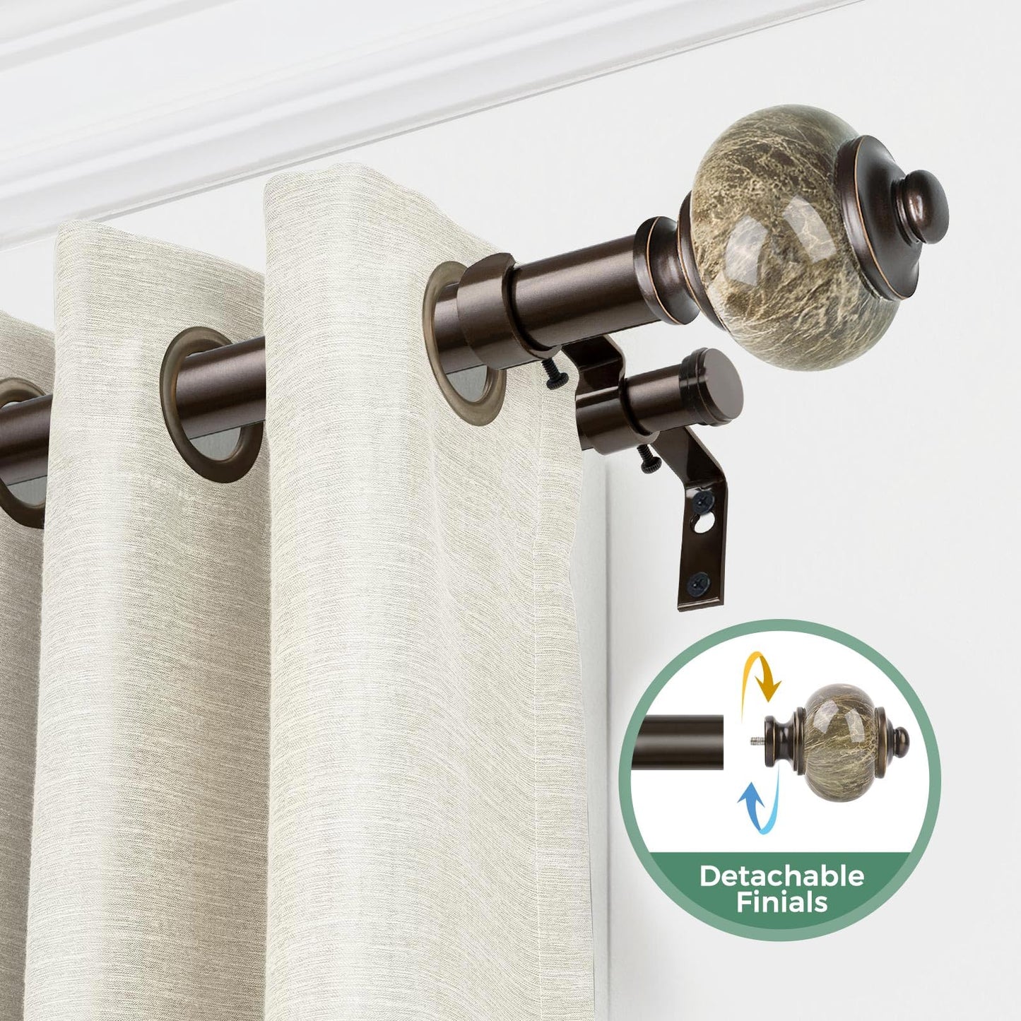 Bronze Curtain Rods with Marbled Finials - Adjustable Length