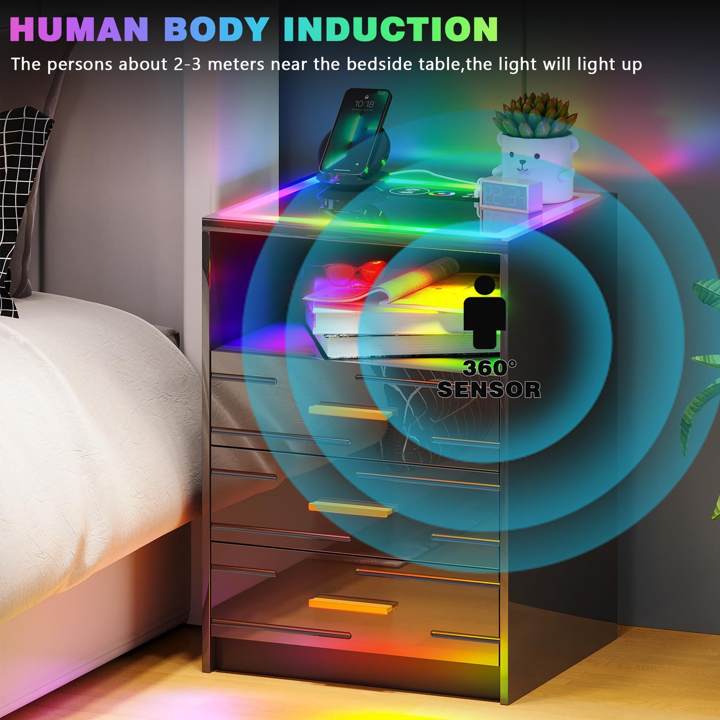 LED Nightstand with Wireless Charging and Drawers - Black