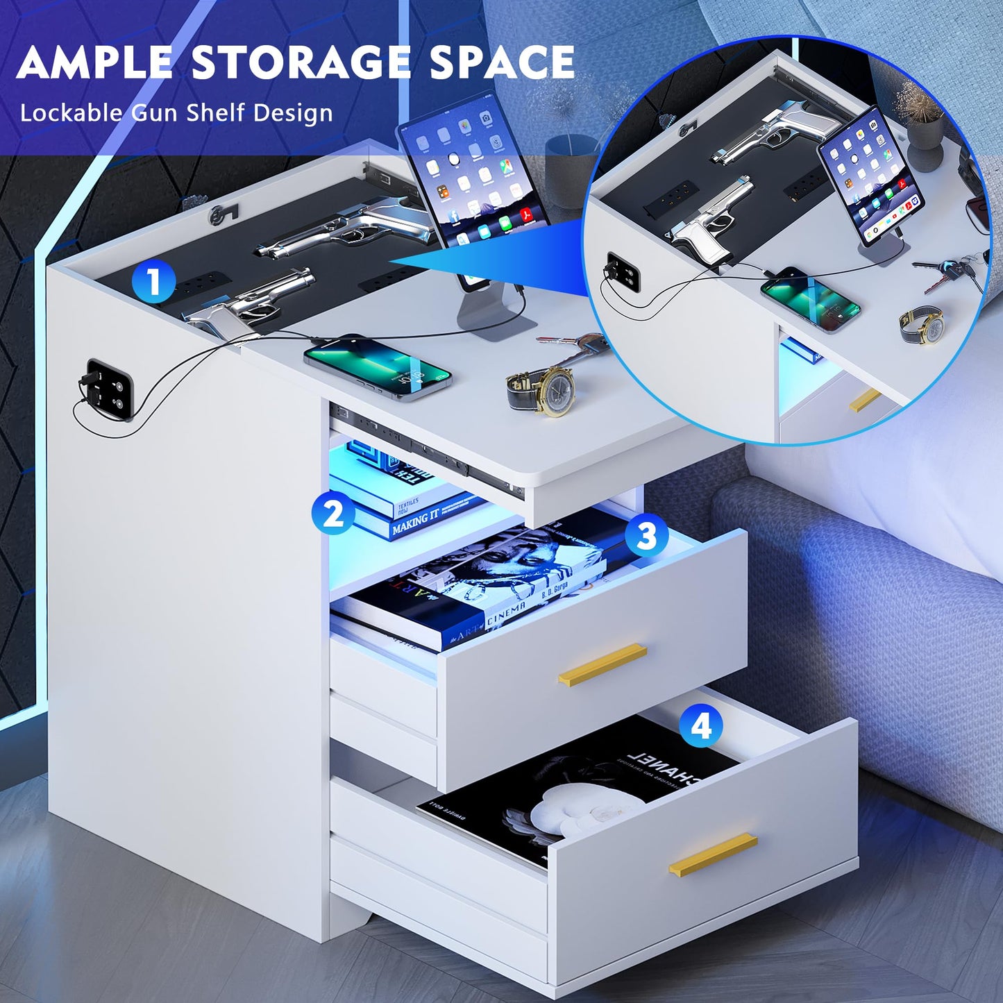 Nightstand with Charging Station and LED Lights - Set of 2