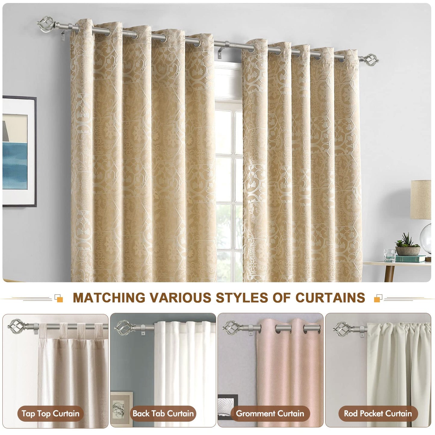 Silver Curtain Rods with Twisted Cage Finial