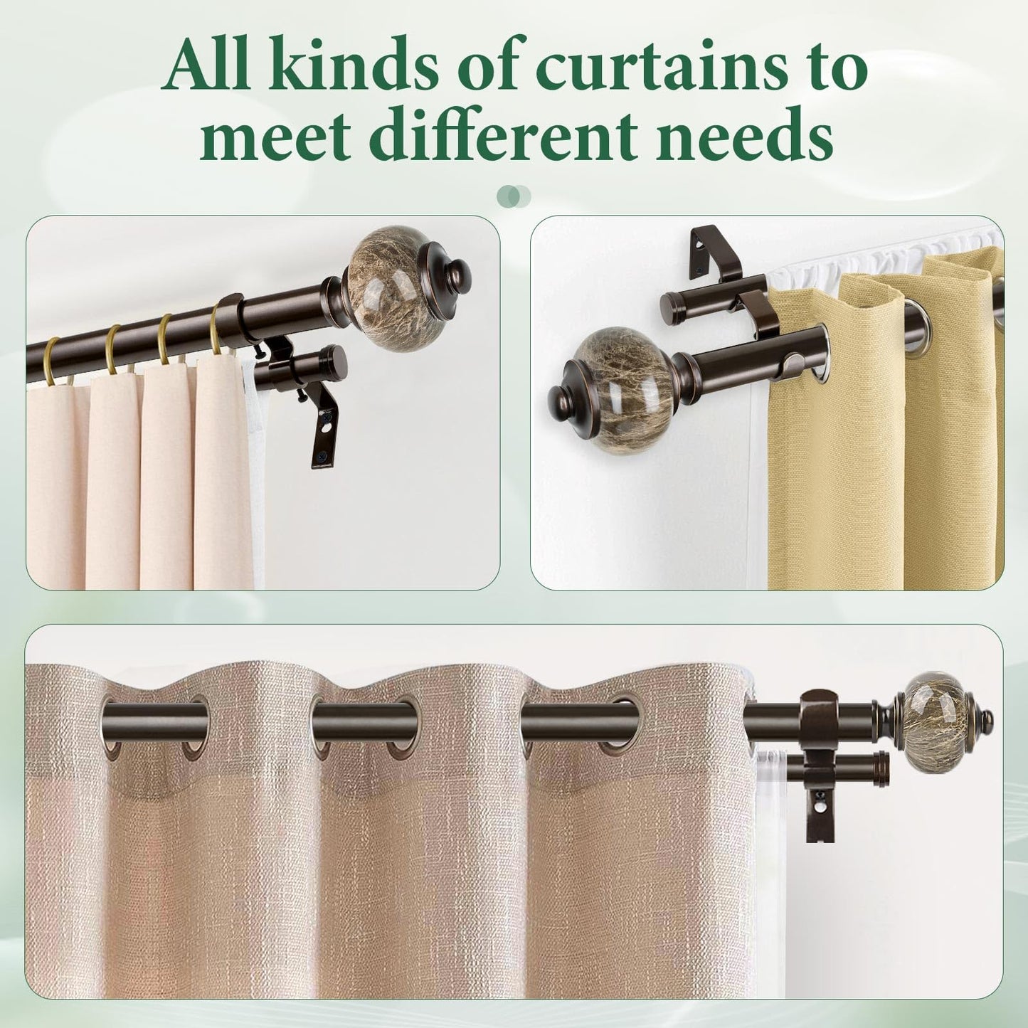 Bronze Curtain Rods with Marbled Finials - Adjustable Length
