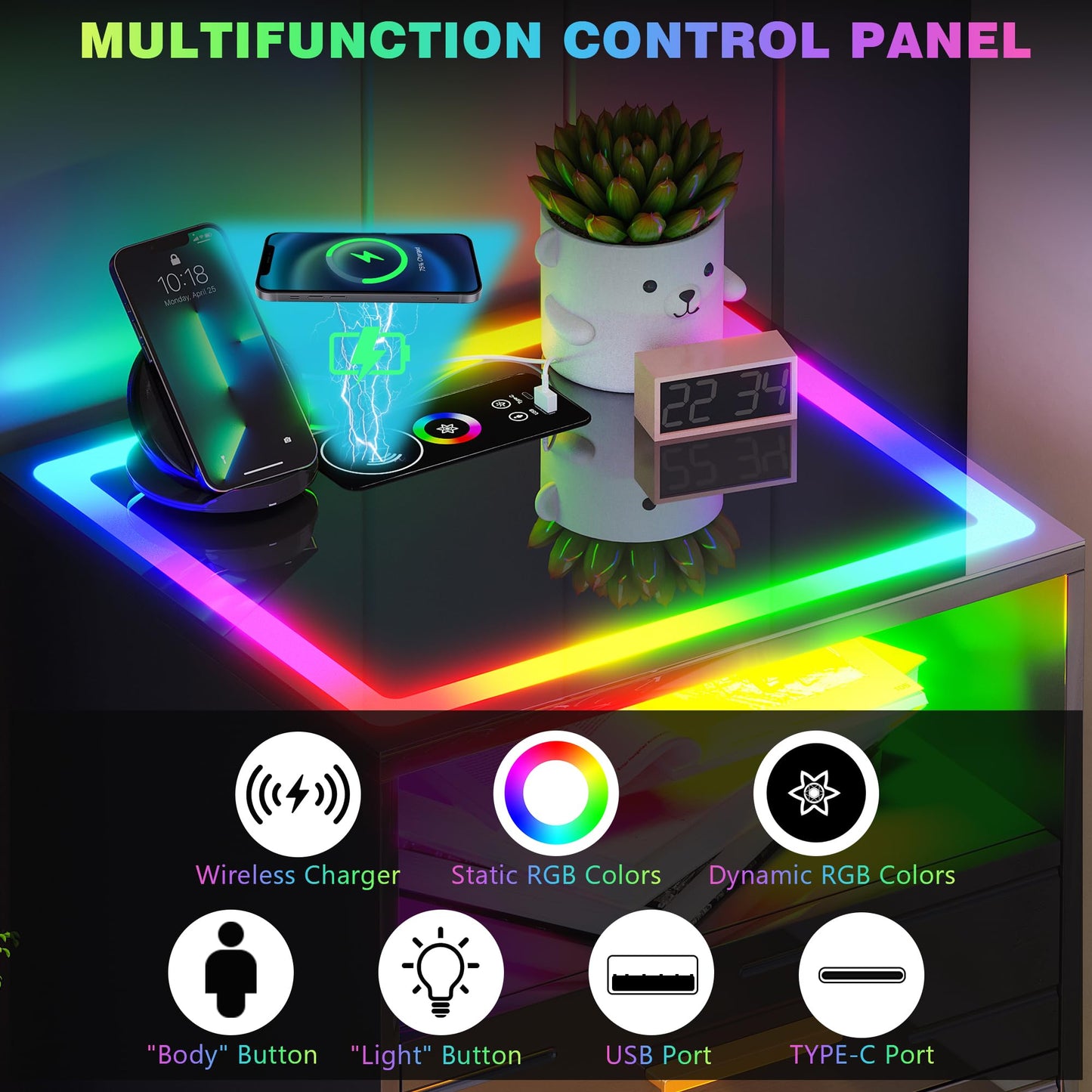 LED Nightstand with Wireless Charging and Drawers - Black