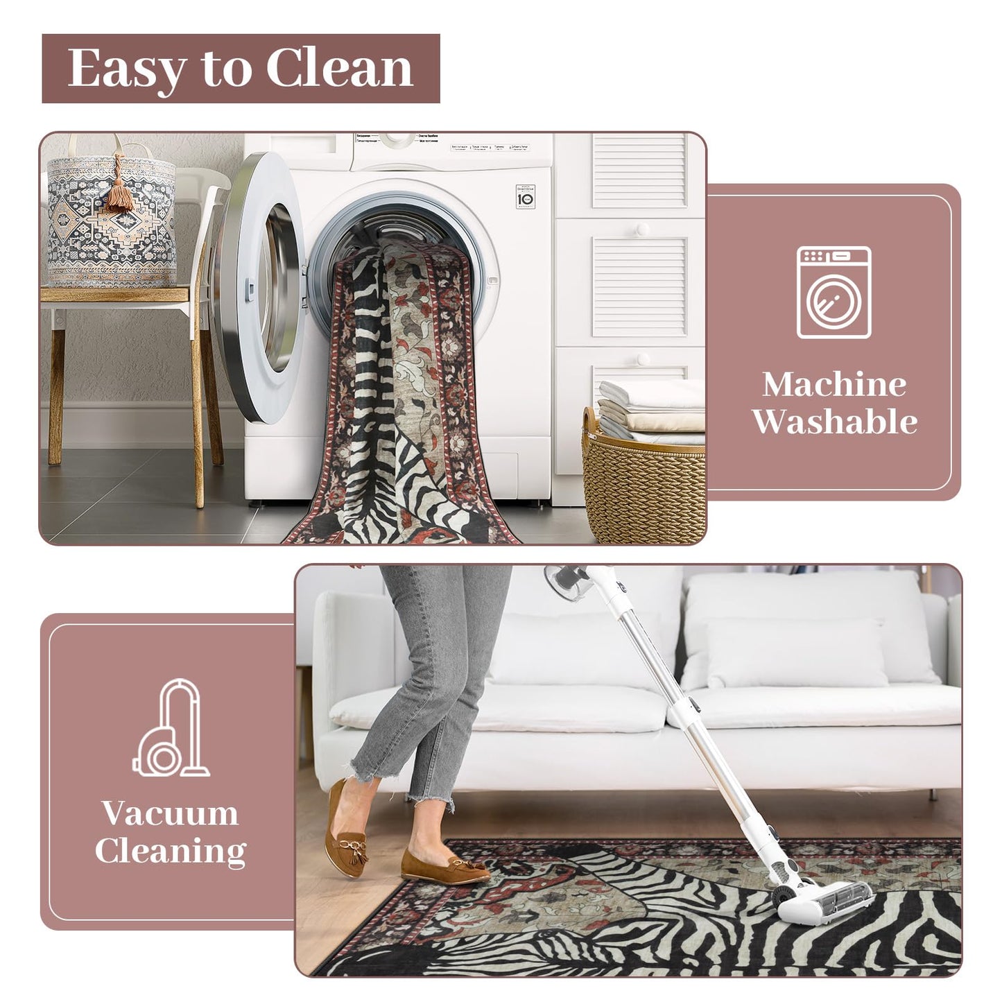 Machine-Washable Faux Wool Zebra Rug