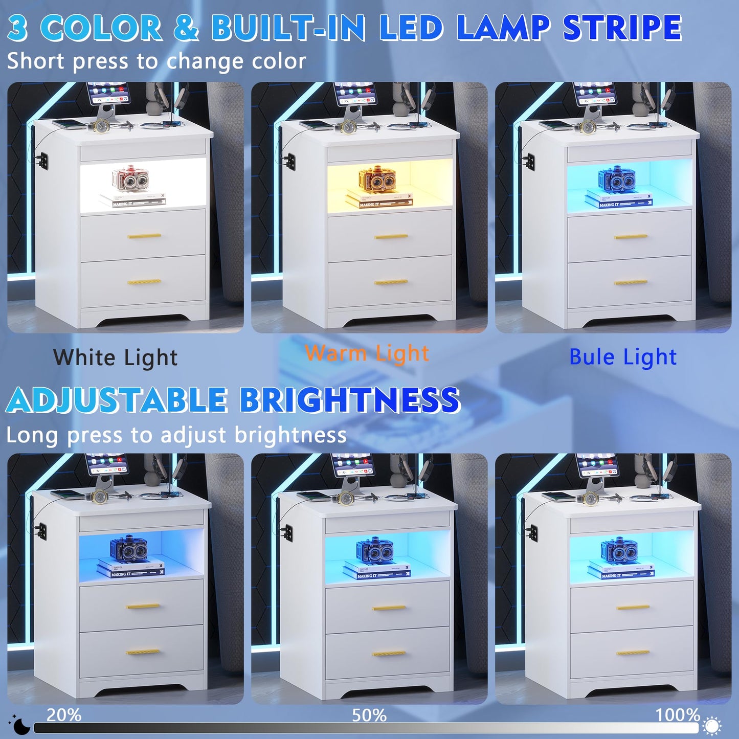 Nightstand with Charging Station and LED Lights - Set of 2