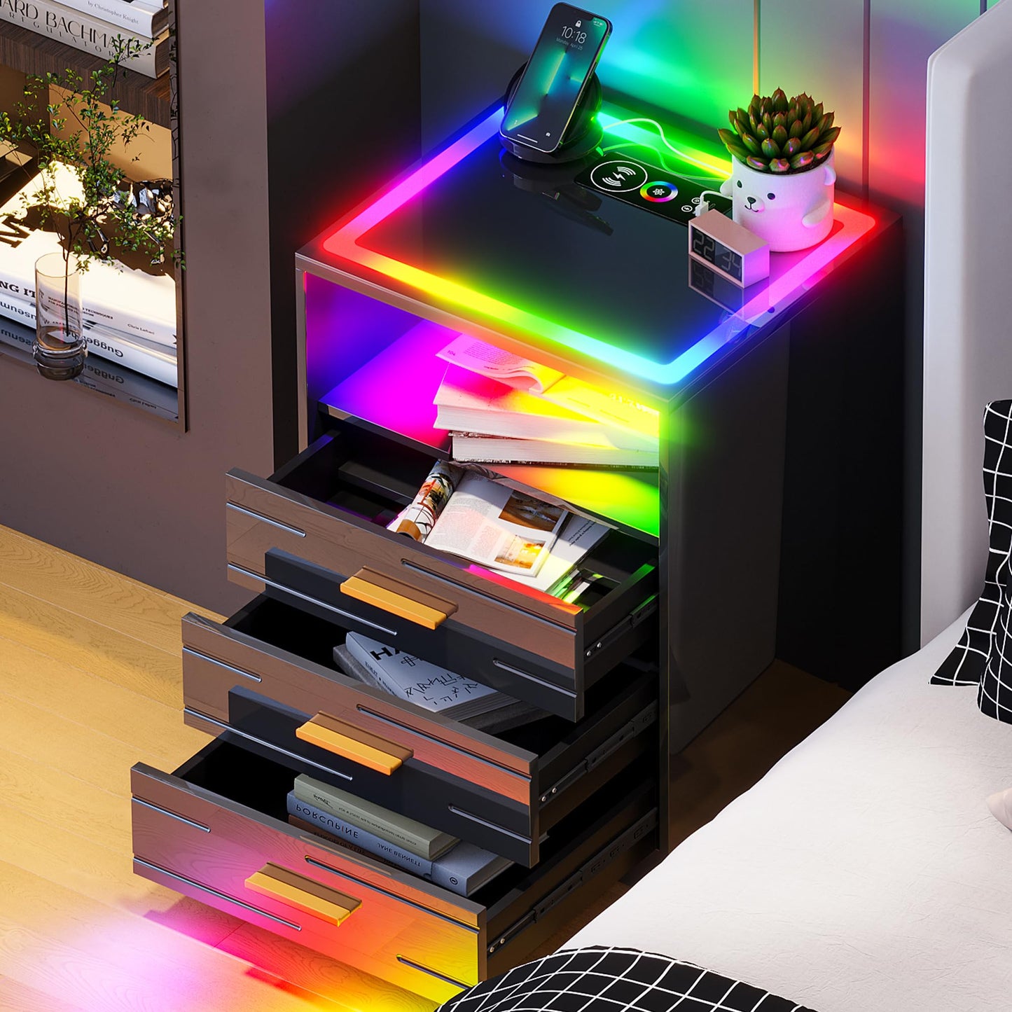 LED Nightstand with Wireless Charging and Drawers - Black