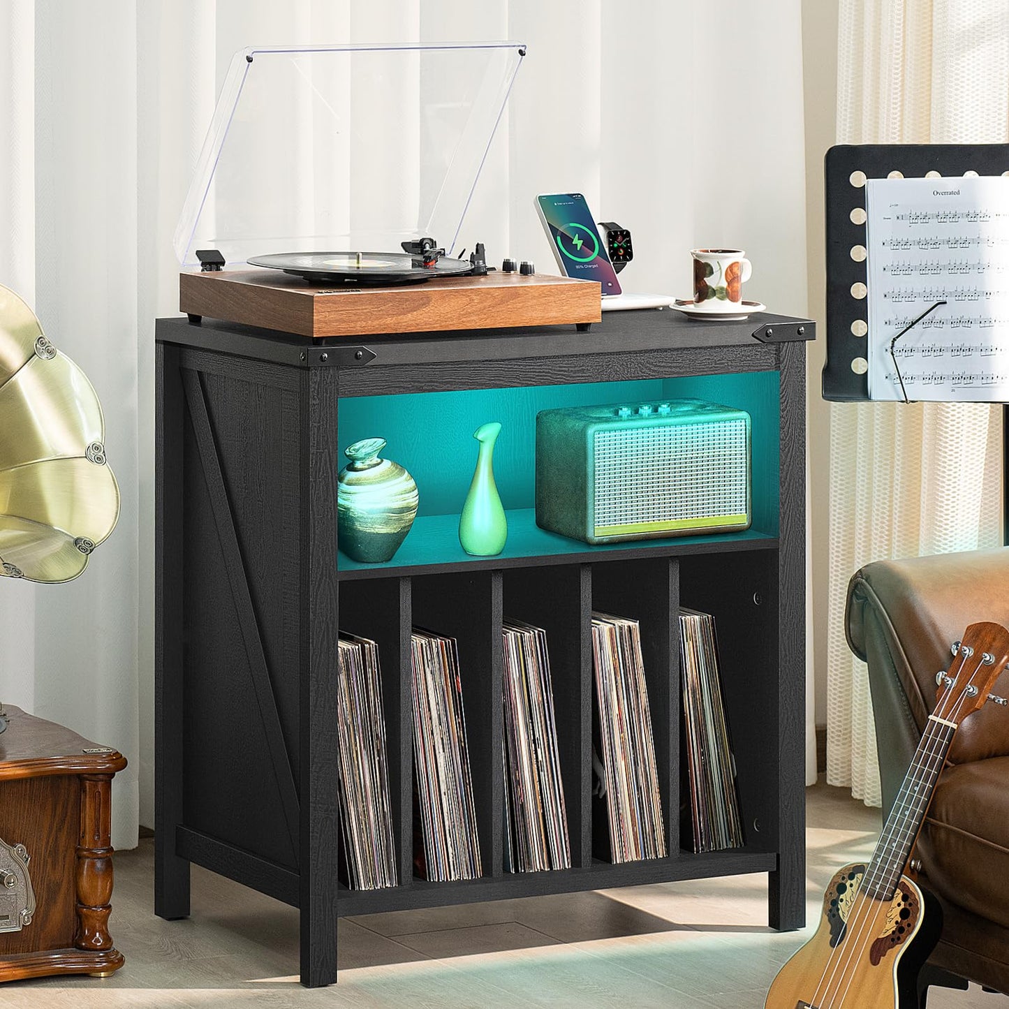 Record Player Stand with Charging Station