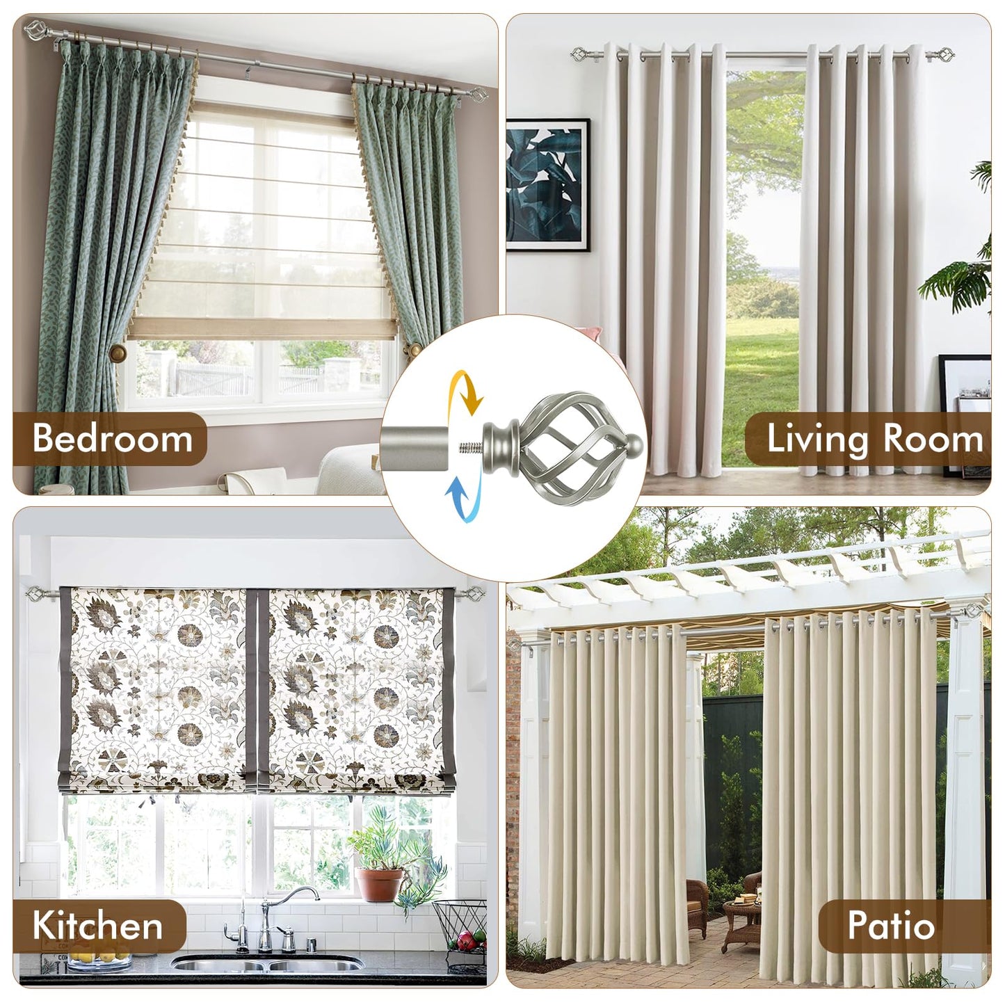 Silver Curtain Rods with Twisted Cage Finial