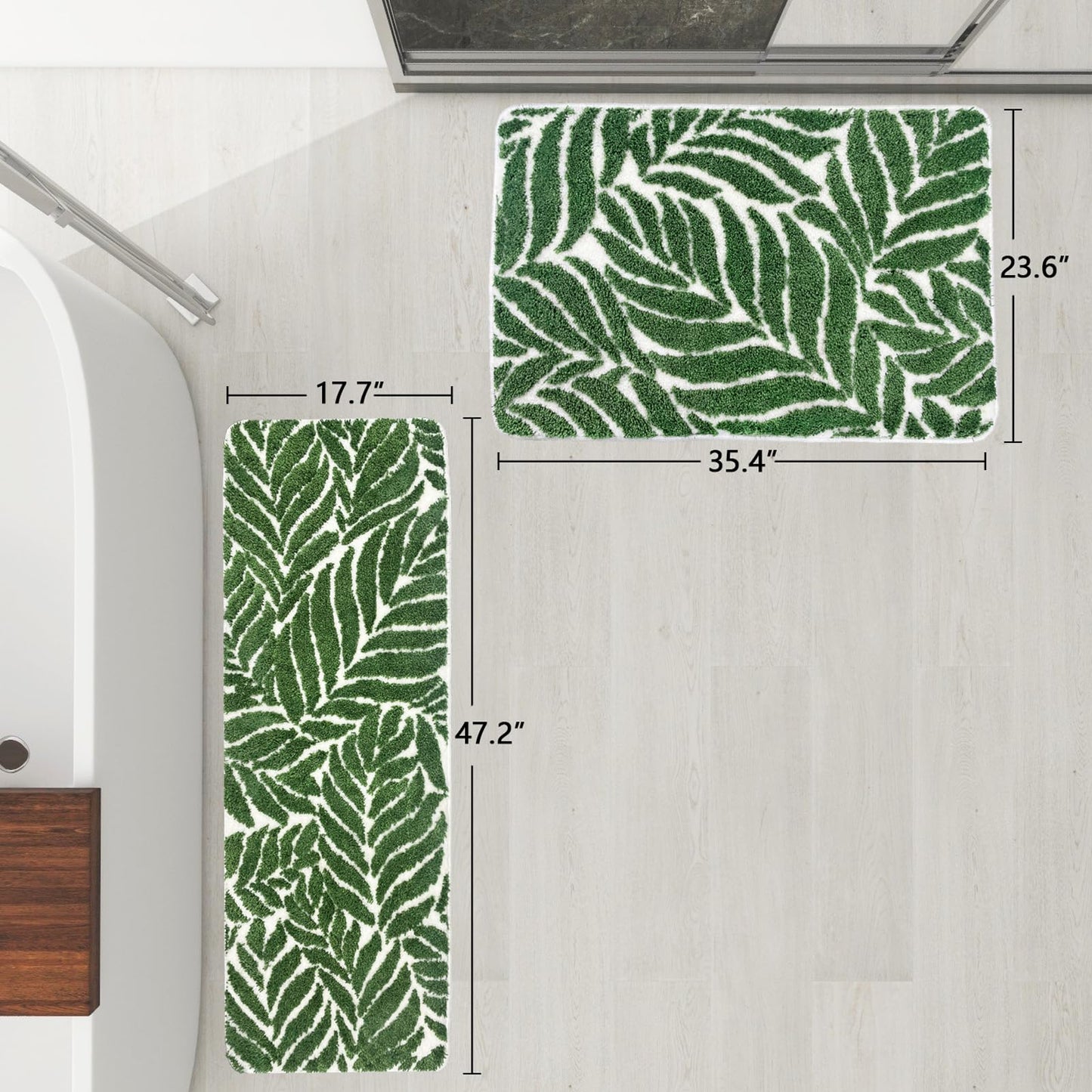 Non-Slip Bathroom Runner Rug - Dark Green Leaf Design