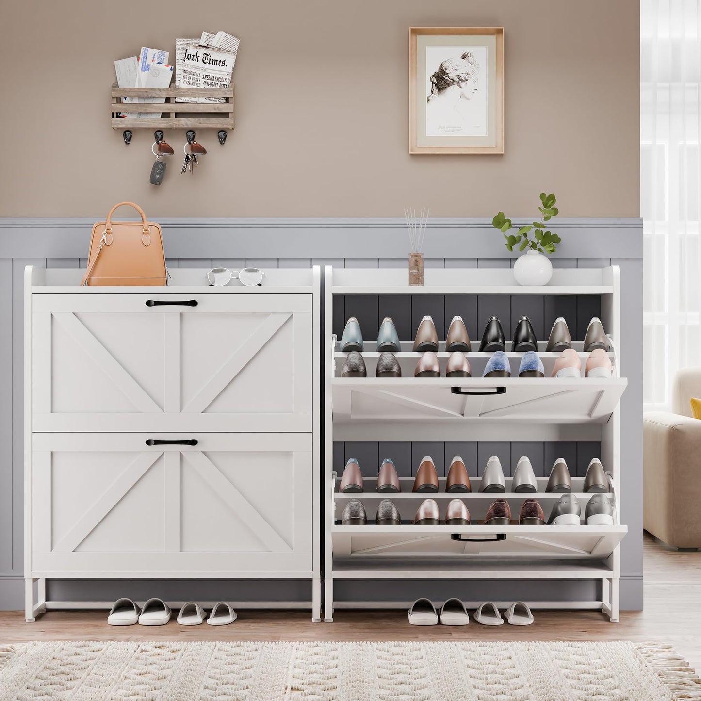 Modern Shoe Storage Cabinet with Flip Drawers