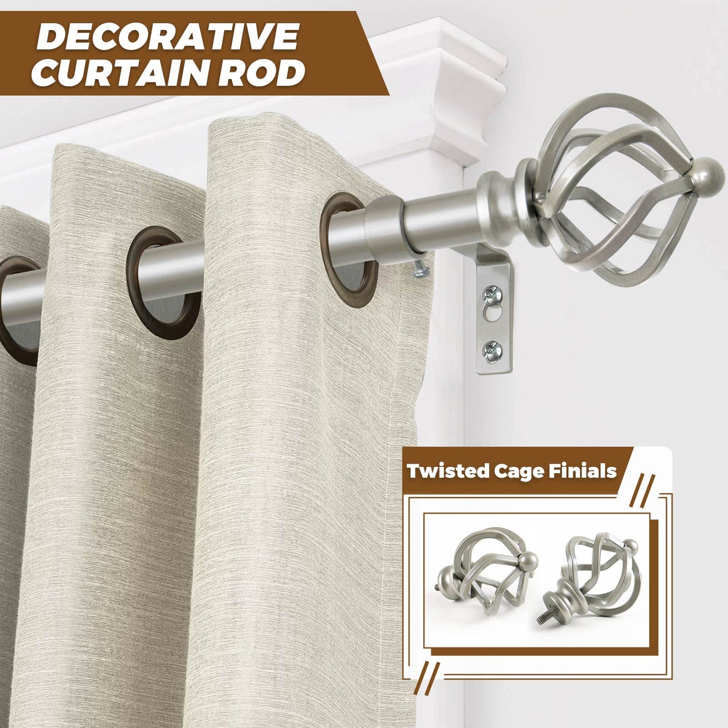 Silver Curtain Rods with Twisted Cage Finial